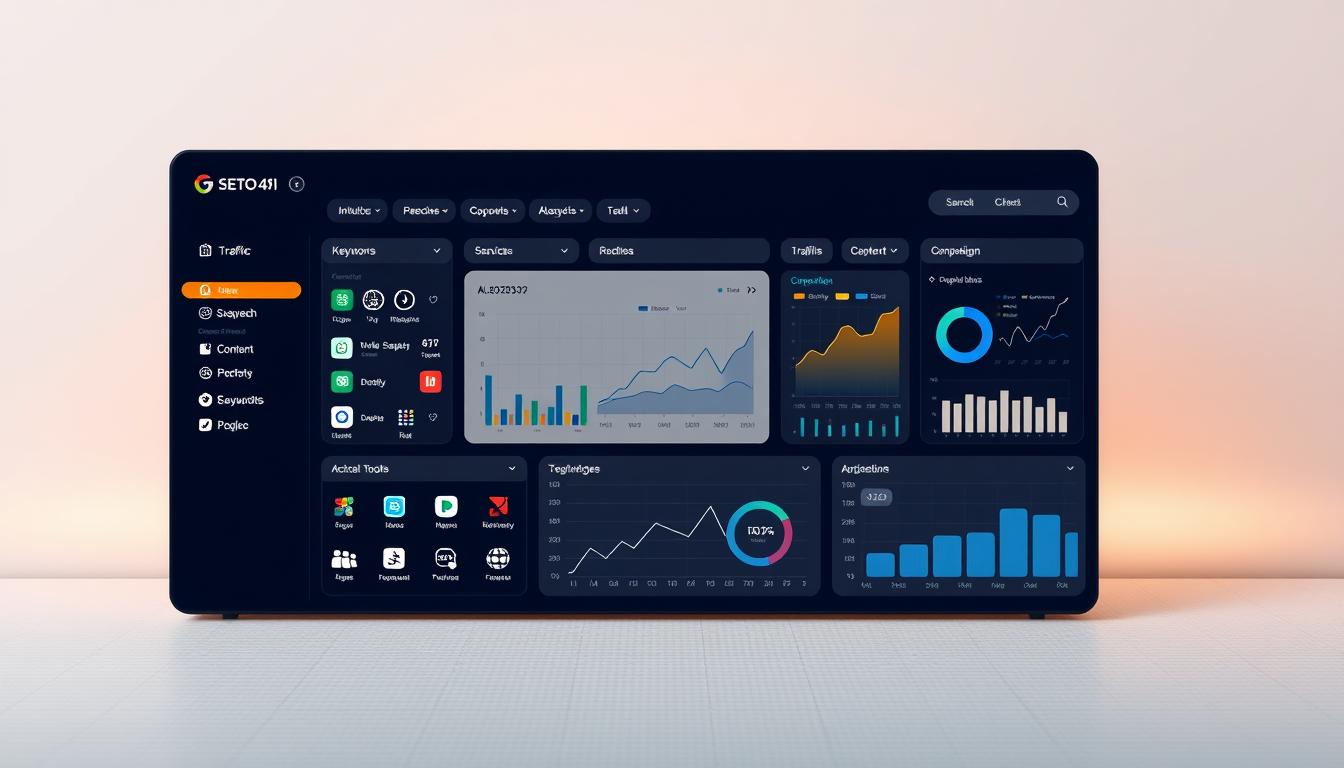 A sleek, modern dashboard showcasing an array of SEO and AI tools, set against a minimalist, high-contrast backdrop. The foreground features a grid of intuitive application icons, each offering a unique functionality - from keyword research to content optimization, and from rank tracking to competitor analysis. The middle ground presents a series of dynamic charts and graphs, providing at-a-glance insights into website performance, traffic trends, and marketing campaign effectiveness. In the background, a subtle grid pattern and muted color palette create a sense of depth and professionalism. Soft, directional lighting casts a warm glow across the display, enhancing the user-friendly interface and emphasizing the powerful capabilities of this comprehensive toolset. Alt-text: SEO and AI tools dashboard