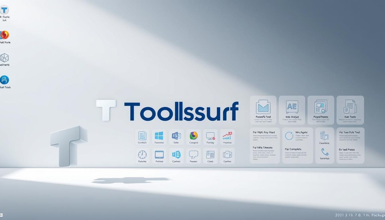 A sleek, modern desktop interface showcasing the key features and packages of Toolsurf, a cutting-edge software suite. In the foreground, a stylized 3D visualization of the Toolsurf logo hovers against a minimalist backdrop, bathed in soft, directional lighting. The middle ground reveals a grid of application icons, each representing a powerful tool or utility within the Toolsurf ecosystem. In the background, a series of infographic-style illustrations highlight the software's advanced capabilities, from data analysis to content creation. The overall scene conveys a sense of sophistication, efficiency, and technological prowess, perfectly aligning with the article's focus on Toolsurf's superiority over its competitors.