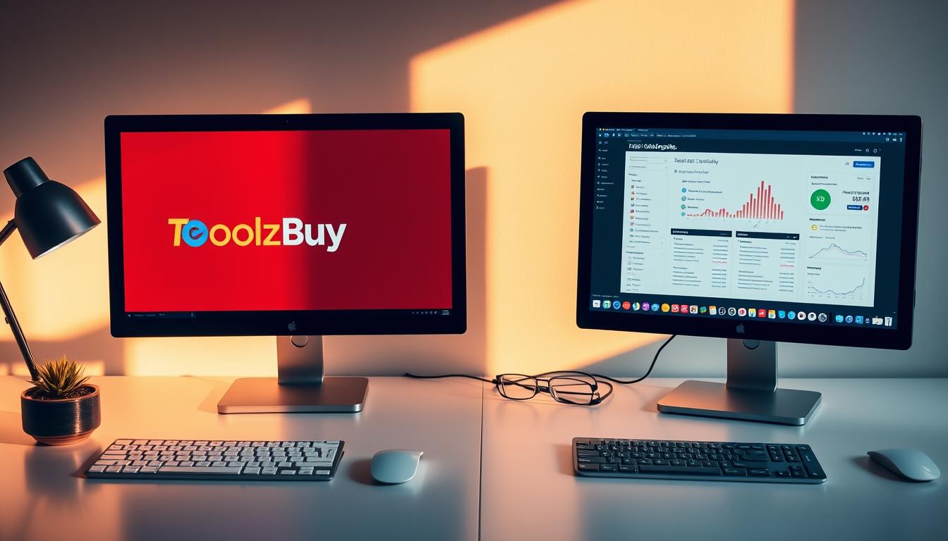 A sleek, modern desktop setup showcases a side-by-side comparison of two leading SEO tool suites, ToolzBuy and Toolsurf. The scene is bathed in warm, directional lighting, casting subtle shadows and highlights across the clean, minimalist workspace. The tools are displayed on high-resolution screens, their interfaces and dashboards clearly visible, inviting closer inspection. The composition emphasizes the thoughtful, professional presentation of the comparison, highlighting the key features and functionalities of each platform. The overall mood is one of considered analysis, guiding the viewer to make an informed decision about the superior SEO solution.