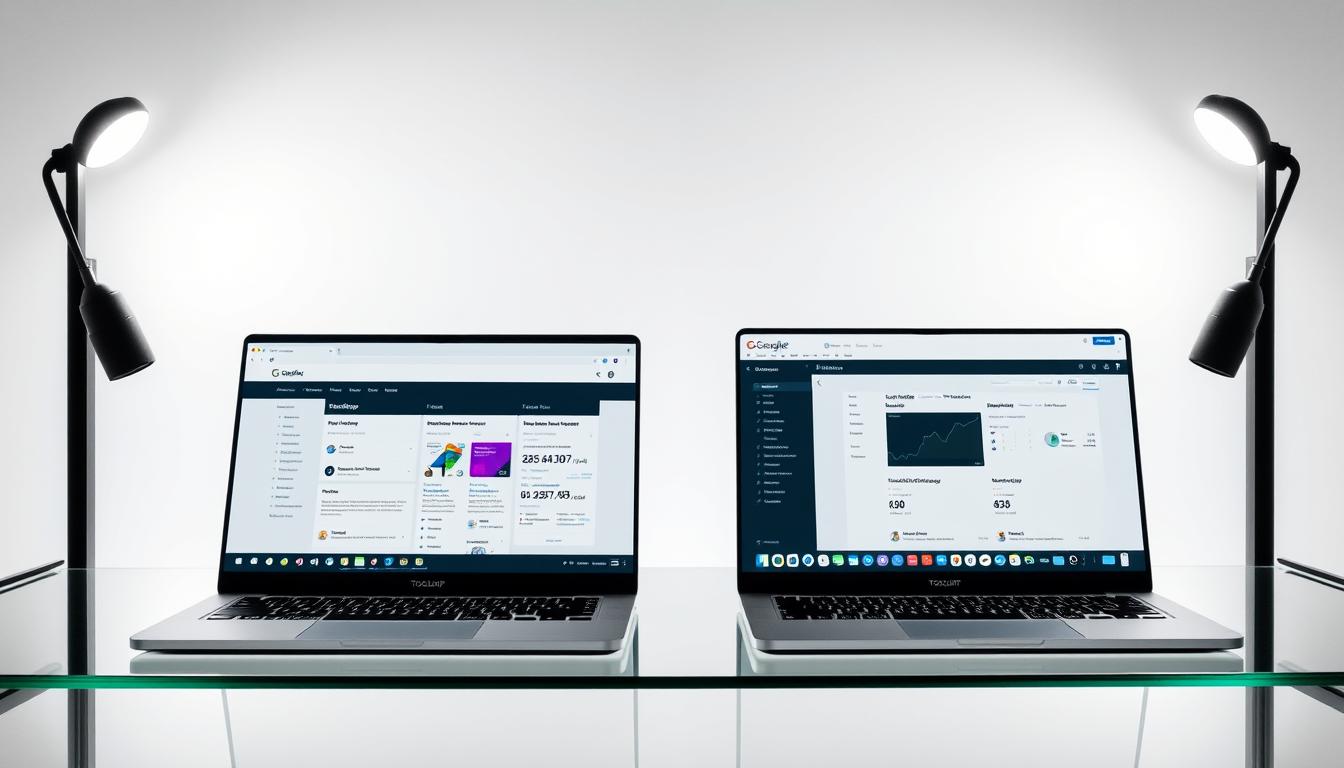 A sleek, modern desktop setup showcases two adjacent laptop screens, one displaying the Toolszap interface and the other the Toolsurf dashboard. Sophisticated lighting accentuates the elegant hardware and creates a professional, authoritative atmosphere. The laptops are positioned on a minimalist, glass-topped desk against a backdrop of a clean, white studio setting. Subtle shadows and reflections add depth and dimensionality to the scene. The overall impression conveys a comparison of these two prominent SEO toolkits in an exclusive, group-buy environment. group buy SEO tools comparison