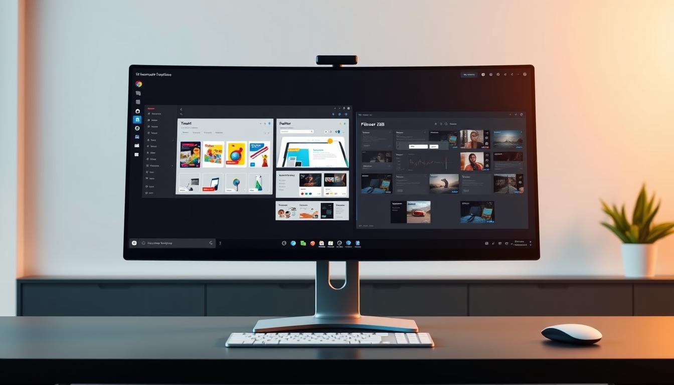 A sleek, modern desktop setup showcasing a side-by-side comparison of Toolsurf and Flikover 2025 software. In the foreground, a high-resolution display presents the intuitive Toolsurf interface, its elegant design and seamless workflow highlighted by warm, directional lighting. In the middle ground, a second display contrasts the more cluttered Flikover 2025 layout, its features appearing outdated under harsher, cooler tones. The background depicts a minimalist office space, clean lines, and neutral tones emphasizing the superior user experience of Toolsurf as the clear alternative to Flikover. Prompt
