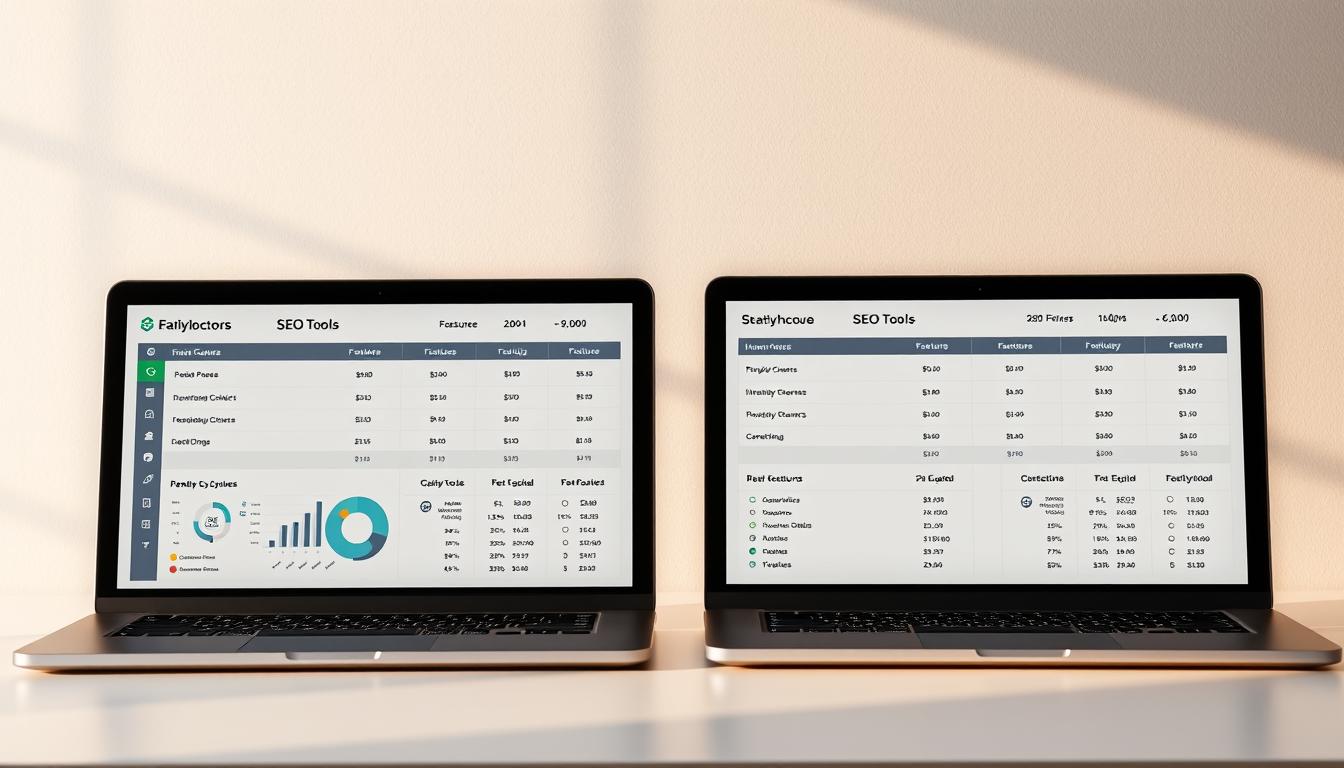 A sleek, modern desktop with two side-by-side laptop screens displaying detailed pricing comparisons of leading SEO tools. The foreground features carefully curated data visualizations, charts, and tables showcasing the features, costs, and value propositions of each tool. The middle ground includes the tools' logos and stylized icons, creating a visually engaging layout. The background is a minimalist, light-colored workspace with subtle texture and shading, maintaining a professional, analytical atmosphere. Warm, directional lighting from the side casts soft shadows, highlighting the information on the screens. The overall composition conveys a sense of informed decision-making and analytical depth. SEO tools pricing comparison