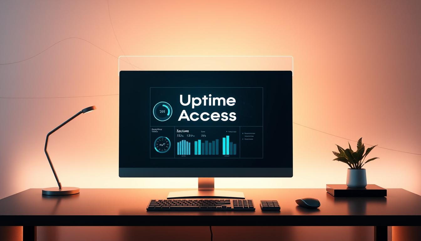 A sleek, modern desktop workspace with a holographic "Uptime Access" projection displayed prominently in the center. The workspace is bathed in a warm, ambient glow from subtle lighting, creating a sense of professionalism and reliability. The projection hovers above the desk, showcasing real-time system metrics and status indicators, conveying a secure, always-available service. The background features a minimalist, abstract design with clean lines and a muted color palette, emphasizing the technology's focus on performance and accessibility.