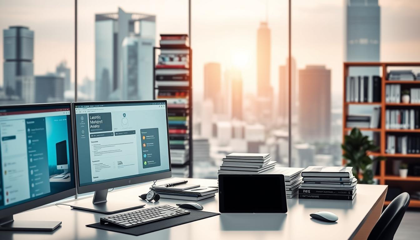 A sleek, modern digital marketing workspace with an array of sophisticated tools. In the foreground, a minimalist desk showcases a dual-screen setup, a stylish tablet, and various input devices. The middle ground features a towering bookshelf filled with marketing manuals, analytics software, and SEO optimization guides. Soft, indirect lighting casts a warm glow over the scene, creating a productive and focused atmosphere. The background blurs into a futuristic cityscape, hinting at the interconnected nature of digital marketing in the modern age. This comprehensive tool variety empowers the digital marketer to tackle any challenge, from data analysis to content creation. Alt-text: A digital marketing workspace with a variety of sophisticated tools and technologies.