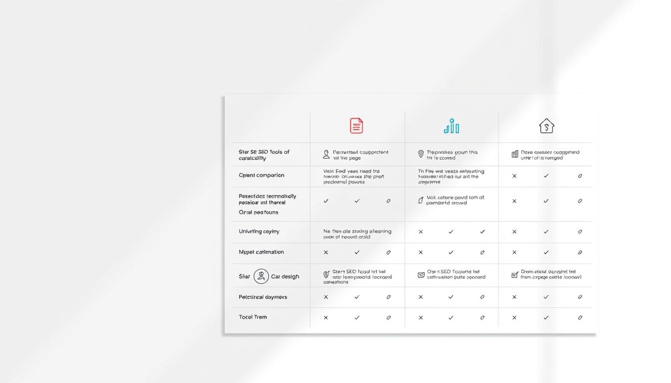 A sleek, modern feature comparison chart displayed on a clean, white background. The chart showcases the key capabilities of Star SEO Tools and its top alternatives, presented in a clear, organized layout with distinct columns and rows. The icons and data visualizations are rendered with precision, conveying the technical and analytical nature of the subject matter. Subtle, minimalist gridlines and borders create a sense of structure and hierarchy, while the overall design exudes a professional, authoritative tone. Soft, directional lighting from the top-left casts gentle shadows, adding depth and dimension to the chart. The image captures the essence of the "Star SEO Tools in Focus: Benchmarking Against Alternatives" section, providing a visually compelling and informative comparison of the featured tools.