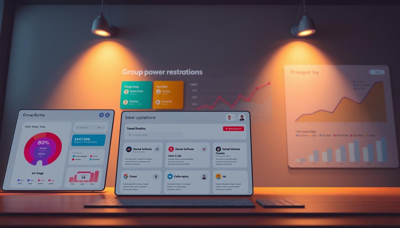 A sleek, modern group buy platform interface showcasing its key benefits. In the foreground, colorful, intuitive dashboard widgets display metrics like cost savings, member engagement, and collaborative tools. The middle ground features a curated selection of popular shared software subscriptions, each with detailed tooltips. In the background, a dynamic data visualization chart tracks the growth of the platform's user base and shared resource pool. Warm, directional lighting illuminates the scene, creating a sense of sophistication and efficiency. The overall atmosphere conveys the transformative power of collective procurement for modern digital agencies.