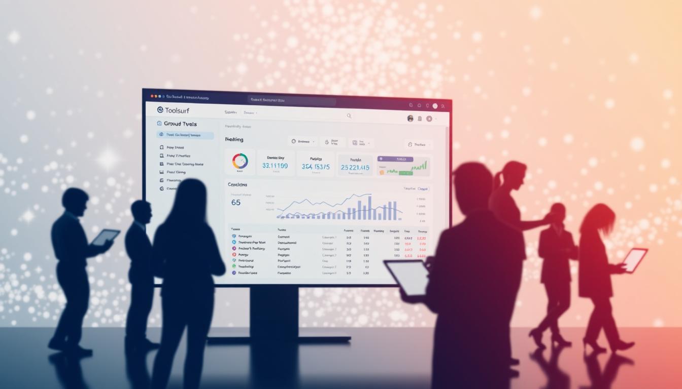 A sleek, modern interface showcases Toolsurf's secure, instant, and compliant access to group buy SEO tools at a fraction of the cost. In the foreground, a minimalist dashboard displays intuitive controls and data visualizations. The middle ground features silhouettes of users accessing the platform on various devices, conveying the ease of use. In the background, a shimmering, abstract pattern evokes the advanced technology powering the service. Soft, directional lighting creates a sense of professionalism and trust. The overall atmosphere is one of efficiency, sophistication, and confidence in Toolsurf's ability to streamline group buy tool access. Toolsurf access