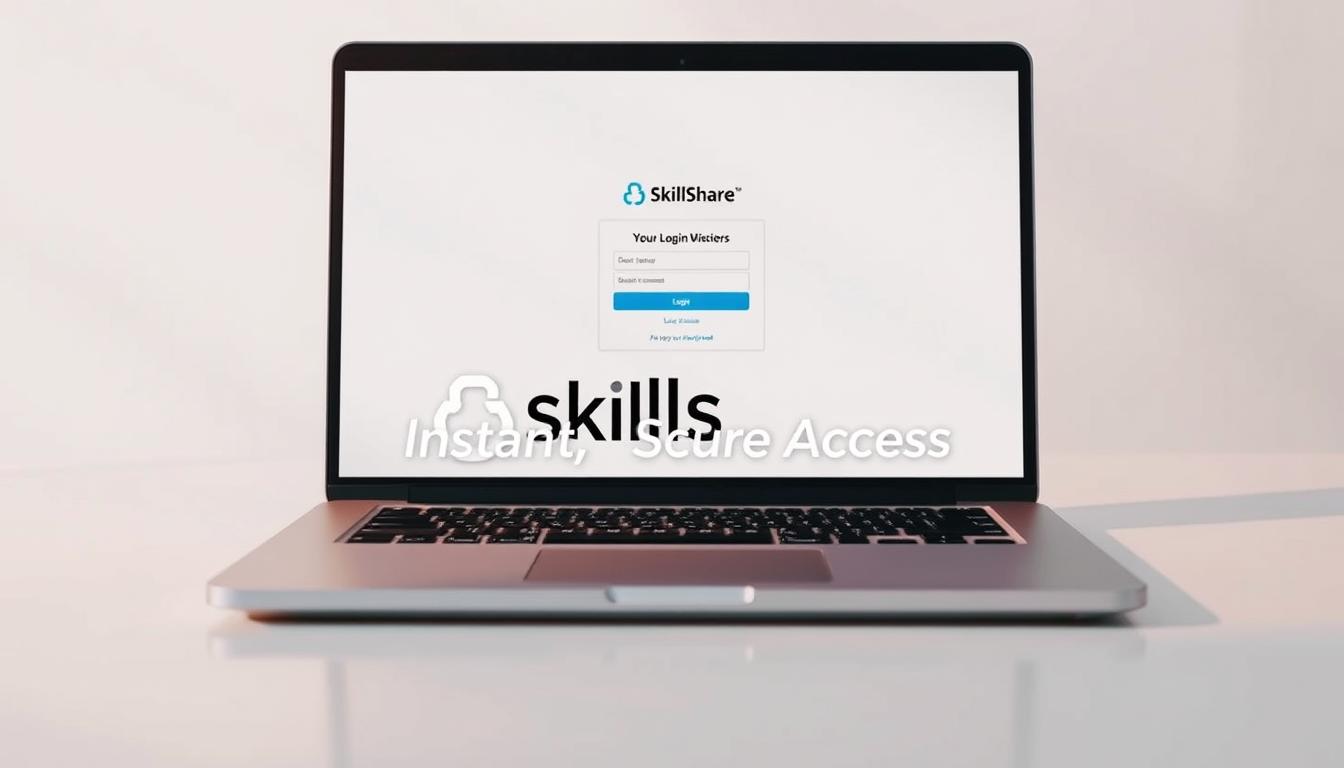 A sleek, modern laptop screen displays the SkillShare login page against a minimalist background. The screen is bathed in warm, directional lighting, casting subtle shadows and highlighting the crisp, clean interface. The laptop rests on a smooth, reflective surface, adding depth and dimension to the scene. The overall mood is one of professionalism, efficiency, and ease of access - reflecting the "Instant, Secure Access" theme of the section. The SkillShare logo is prominently featured, drawing the viewer's attention to the central focus of the image.