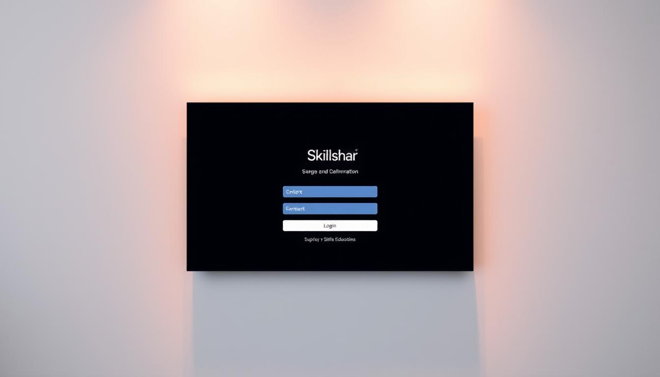 A sleek, modern login interface set against a clean, minimalist backdrop. The screen is dominated by a centered login form with elegant typography and input fields, framed by a subtle grid-like pattern that adds depth and visual interest. Soft lighting casts a warm, inviting glow, creating a sense of professionalism and approachability. The overall atmosphere conveys a seamless, user-friendly experience that aligns with the high-quality educational content of Skillshare.