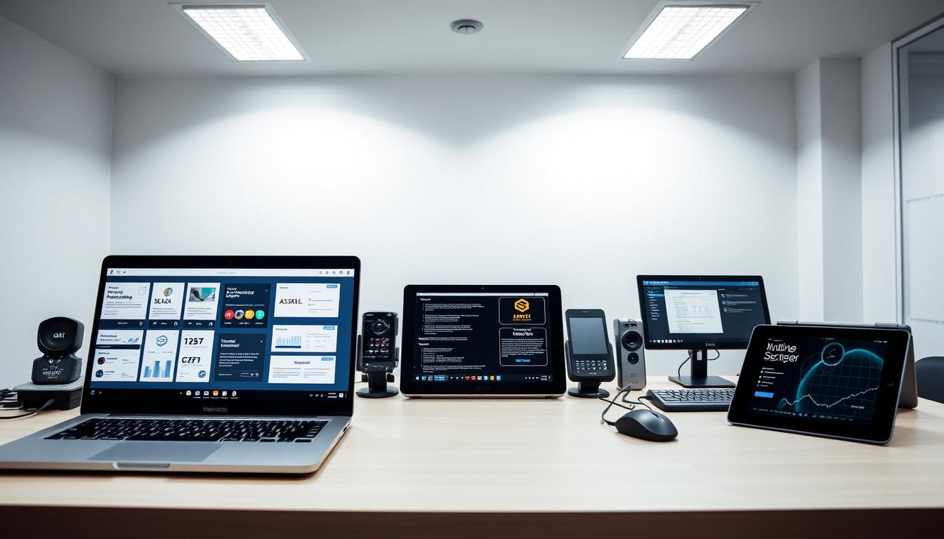 A sleek, modern office desk with a variety of premium SEO, AI, and design tools displayed prominently. In the foreground, a high-end laptop showcases a suite of intuitive software interfaces, while in the middle ground, an array of specialized hardware devices, such as a tablet and a mouse, sit neatly arranged. The background features a minimalist, well-lit workspace with clean lines and a neutral color palette, creating a sense of professionalism and efficiency. The overall scene conveys the idea of comprehensive, top-tier access to the essential tools needed for advanced digital marketing and content creation.