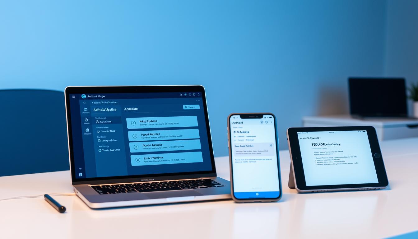 A sleek, modern office desktop with a laptop, tablet, and smartphone prominently displayed. Subtle blue and white lighting casts a cool, professional tone. The laptop screen shows a software dashboard with activation updates, highlighting the various stages of the process. The tablet and smartphone display corresponding notifications and alerts. The scene conveys a sense of efficient, streamlined support and account management for the user.