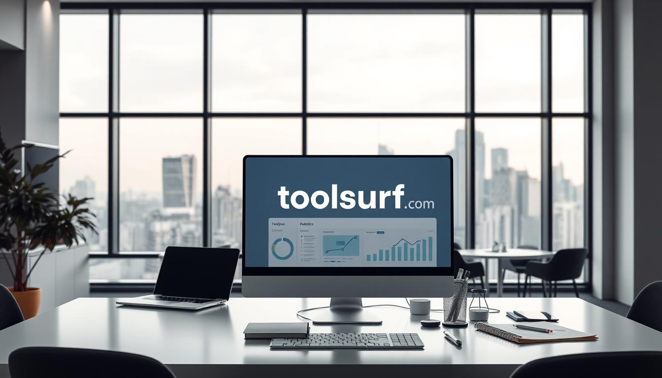 A sleek, modern office interior with clean lines and minimalist design. In the foreground, a desktop computer monitor displays the Toolsurf.com logo against a backdrop of professional-grade SEO analytics software. Soft, directional lighting illuminates the scene, creating a sense of efficiency and reliability. In the middle ground, a well-organized workspace with a laptop, notebook, and various SEO-related tools conveys the idea of a comprehensive, one-stop solution for all digital marketing needs. The background features floor-to-ceiling windows, providing a calming, natural ambiance and a view of a bustling city skyline, reinforcing Toolsurf.com's position as a trusted, industry-leading SEO tools provider.