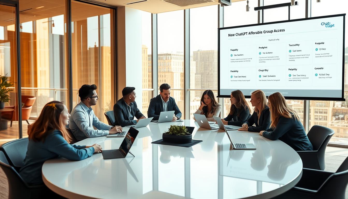 A sleek, modern office interior with large windows bathing the space in warm, natural light. In the foreground, a group of professionals gathered around a polished conference table, engaged in a lively discussion about ChatGPT and affordable group access. The middle ground features several laptops and tablets, showcasing the technology at the heart of their conversation. In the background, a projection screen displays a clean, minimalist dashboard, highlighting the key features and pricing of the ChatGPT group buy offering. The overall atmosphere is one of productivity, collaboration, and a sense of innovation, capturing the essence of the "ChatGPT Group Buy" section.