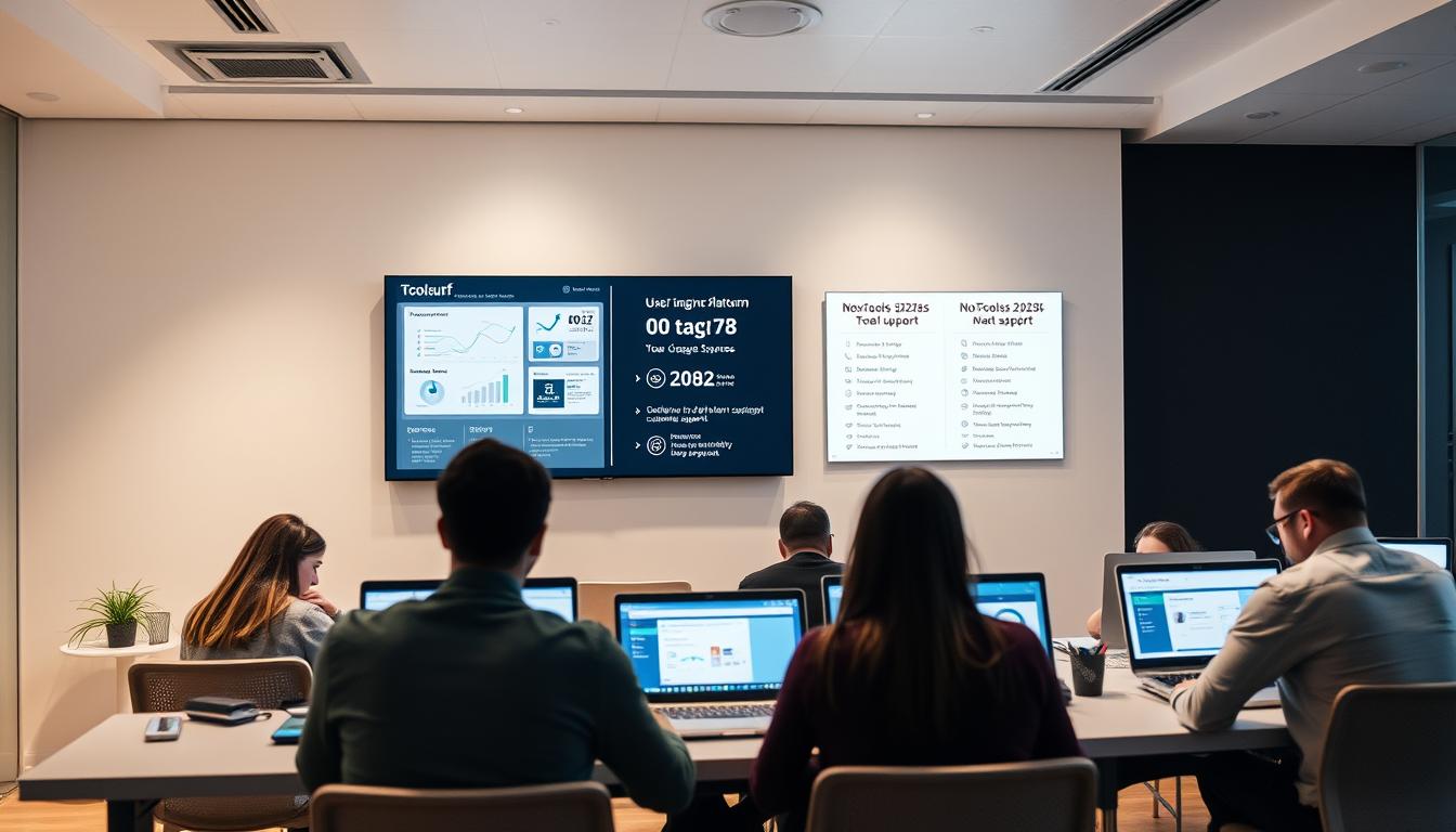 A sleek, modern office setting with a clean, minimalist design. In the foreground, a group of people intently focused on their laptop screens, exploring various user experience (UX) and search engine optimization (SEO) tools. The middle ground features a large, curved monitor displaying data visualizations and analytics, casting a soft, ambient light throughout the space. In the background, a wall-mounted display showcases the features and pricing of the "Toolsurf" platform, contrasting it with the "NoxTools 2025" offering. The overall atmosphere is one of productivity, collaboration, and a commitment to delivering exceptional customer support.