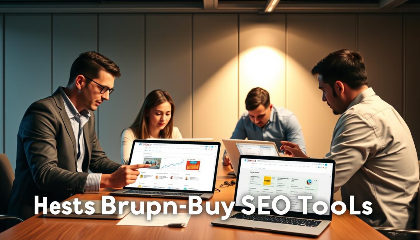 A sleek, modern office setting with a group of professionals gathered around a table, intently examining various SEO tools and software on their laptops and tablets. Warm, directional lighting illuminates the scene, casting subtle shadows and highlighting the concentration on their faces. The backdrop features a minimalist, elegant design with clean lines and muted tones, creating a sense of professionalism and innovation. In the foreground, the latest group-buy SEO tools are prominently displayed, their interfaces and features clearly visible, showcasing the efficiency and convenience of this collaborative purchasing approach.