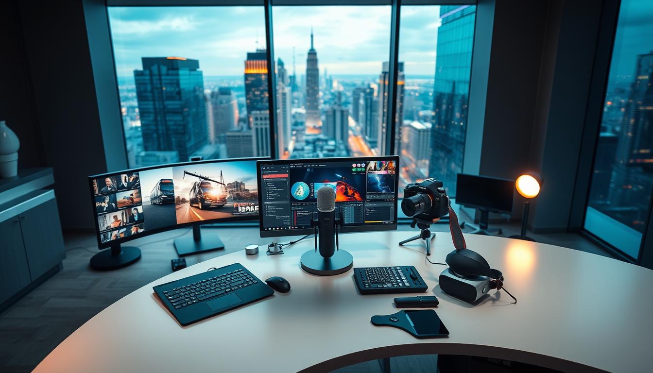 A sleek, modern office setting with a large curved desk and multiple high-resolution monitors displaying various multimedia content. In the foreground, an elegant, state-of-the-art workstation with a powerful desktop computer, a stylish graphics tablet, and a high-quality microphone. Subtle task lighting illuminates the scene, creating a warm, productive atmosphere. In the middle ground, a collection of sophisticated digital tools, including a DSLR camera, a professional audio interface, and a virtual reality headset, all seamlessly integrated into the workflow. The background features large windows overlooking a vibrant cityscape, emphasizing the dynamic, forward-thinking nature of the digital media landscape. Prompt