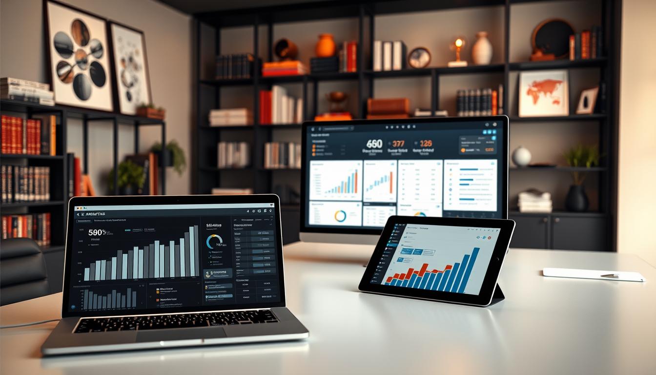 A sleek, modern office setting with a large desk showcasing various SEO data analytics tools. In the foreground, a laptop displays insightful metrics and visualizations, while a tablet nearby presents a comprehensive dashboard. In the middle ground, a high-resolution monitor projects a detailed report, its screen illuminated by warm, directional lighting. The background features shelves filled with reference books and industry-specific decor, creating a professional and authoritative atmosphere. The overall scene conveys a sense of efficiency, data-driven decision-making, and a commitment to optimizing digital marketing strategies.