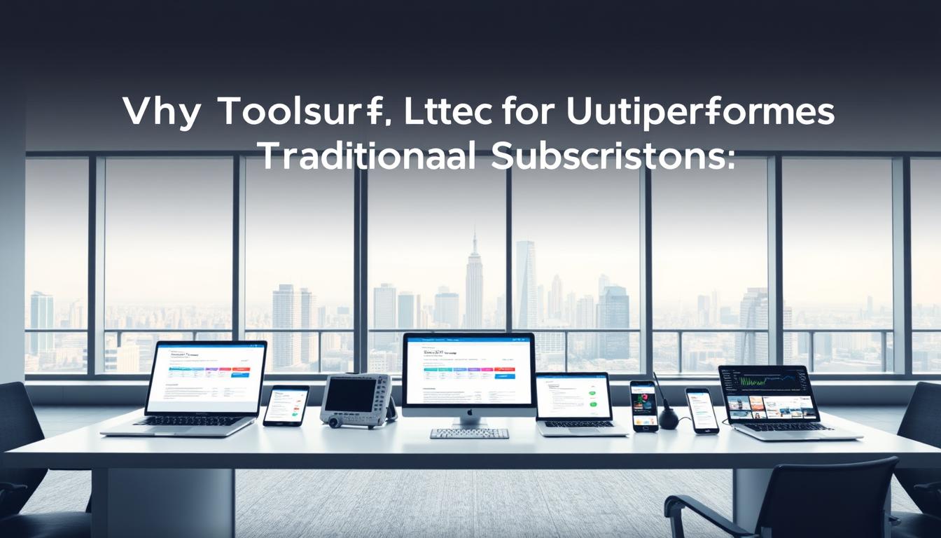 A sleek, modern office setting with a large, minimalist desk showcasing a variety of cost-effective SEO tools. On the desk, various digital devices such as laptops, tablets, and smartphones are displayed, each running intuitive SEO software interfaces. The lighting is soft and diffused, creating a calming, productive atmosphere. In the background, a large window offers a scenic cityscape, symbolizing the expansive reach of these efficient digital marketing solutions. The overall composition conveys a sense of streamlined, accessible, and impactful SEO strategies, perfectly suited for the "Why Toolsurf Outperforms Traditional Subscriptions" section of the article.