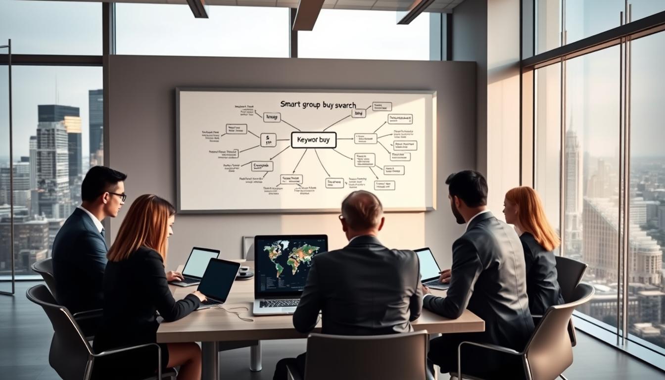 A sleek, modern office setting with a large whiteboard on the wall displaying a mind map of "smart group buy keyword research". In the foreground, a group of professionals in business attire are gathered around a conference table, intently discussing the keyword research findings displayed on their laptops and tablets. The lighting is soft and natural, casting a warm glow over the scene. The background features floor-to-ceiling windows overlooking a bustling city skyline, hinting at the global reach and scale of the group buy strategy. The overall atmosphere conveys a sense of focused collaboration and strategic thinking.