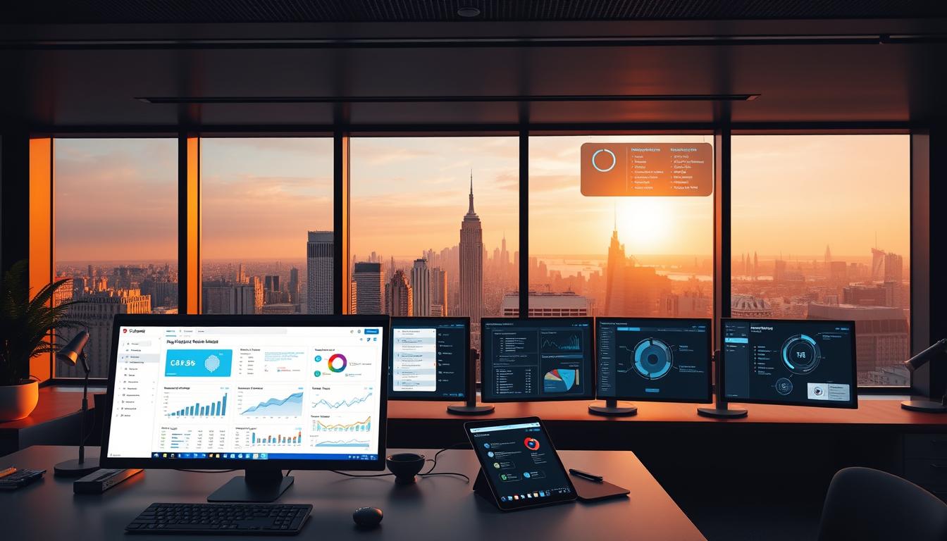 A sleek, modern office setting with an array of cutting-edge SEO tools displayed on multiple high-resolution screens. The foreground features a minimalist, ergonomic desk setup with a laptop, tablet, and various input devices. In the middle ground, rows of stylized analytics dashboards, keyword research tools, and link management utilities are showcased in a clean, intuitive interface. The background depicts a panoramic cityscape view through floor-to-ceiling windows, bathed in warm, natural lighting that complements the cool, technological aesthetic. The overall mood conveys a sense of efficiency, innovation, and the power of Toolsurf's comprehensive SEO toolkit. "SEO tools features"
