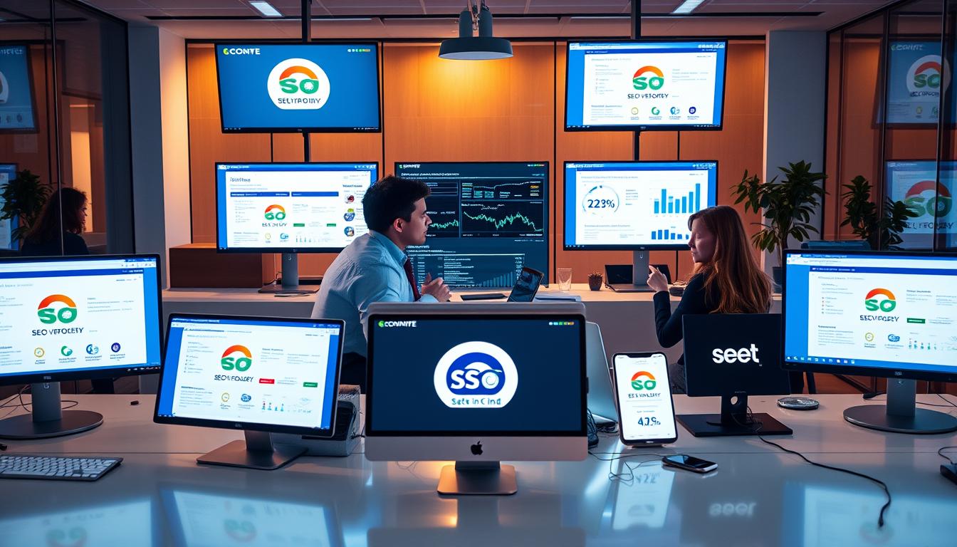 A sleek, modern office setting with an array of high-tech SEO tools and software displayed on stylish desktops and screens. The foreground showcases the latest group buy offerings, their logos and features prominently showcased. In the middle ground, professionals intently study the data and analytics, their expressions conveying the power and efficiency of these state-of-the-art solutions. The background is bathed in a warm, sophisticated lighting, creating an atmosphere of innovation and productivity. The image exudes a sense of unparalleled access to the cutting-edge of SEO technology.