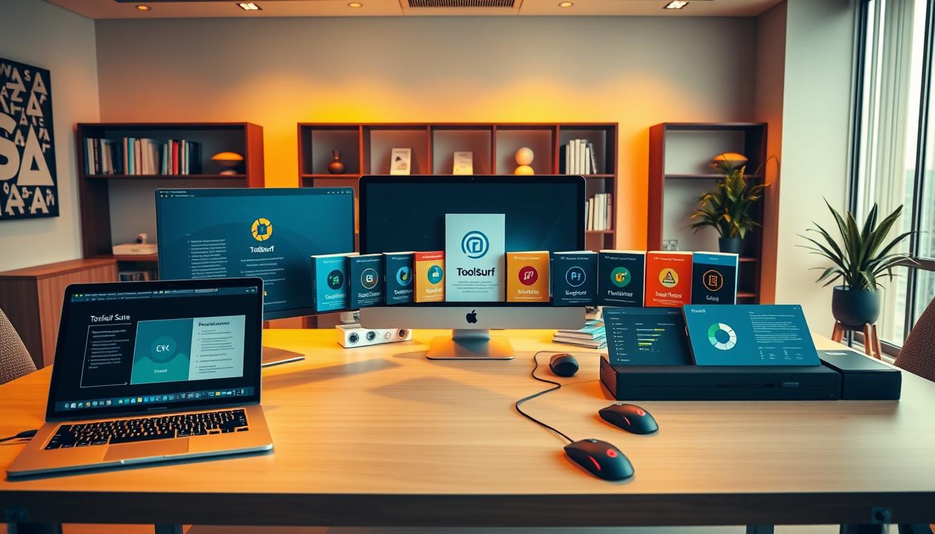 A sleek, modern office setting with an array of premium SEO tools displayed on a large desk. The foreground features a high-end laptop, a professional-grade monitor, and a cutting-edge mouse, all arranged in a visually appealing layout. The middle ground showcases various software packages, each with distinct icons and branding, hinting at the diverse capabilities of the Toolsurf suite. In the background, a stylish bookshelf and a minimalist wall display create a sophisticated, productivity-driven atmosphere. Warm, directional lighting illuminates the scene, casting subtle shadows and highlighting the premium quality of the tools. The overall composition conveys a sense of efficiency, innovation, and the seamless integration of advanced SEO solutions.