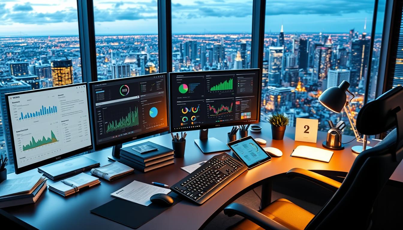 A sleek, modern office setting with an array of sophisticated SEO tools and analytics dashboards displayed on multiple high-resolution monitors. The workspace is bathed in a warm, focused lighting, creating a professional and productive atmosphere. In the foreground, an ergonomic desk with a stylish computer setup, including a mouse, keyboard, and a tablet for seamless workflow. The middle ground showcases various digital and physical resources, such as reference books, notes, and organizational tools, all neatly arranged. The background depicts a panoramic view of a bustling city skyline, emphasizing the comprehensive and cutting-edge nature of the SEO tools suite.