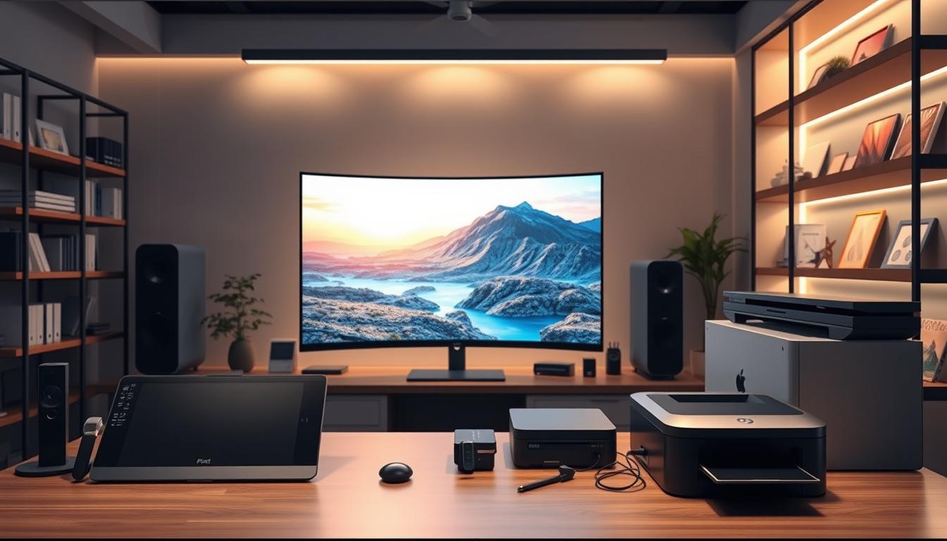A sleek, modern office setting with various AI art generation tools prominently displayed. In the foreground, a high-resolution graphics tablet, a powerful desktop computer, and a state-of-the-art printer. The middle ground features a large, curved monitor displaying a vibrant, AI-generated landscape. Elegant task lighting illuminates the scene, casting a warm, productive glow. In the background, shelves filled with design resources and inspirational art pieces create a creative, innovative atmosphere. The overall mood is one of technological sophistication and artistic potential, perfectly capturing the essence of "Harnessing AI Art & Image Generation Capabilities".
