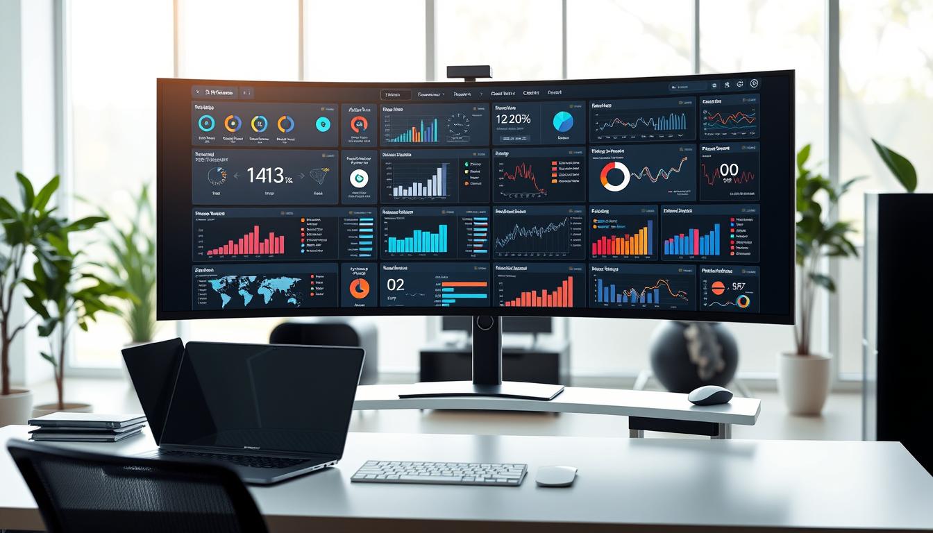 A sleek, modern office setup with a large curved monitor displaying a comprehensive suite of SEO and AI tools. In the foreground, an ergonomic desk with a minimalist design and a stylish laptop, mouse, and keyboard. The middle ground features an array of digital charts, graphs, and analytics dashboards, showcasing the power and depth of the tools. The background is a softly lit, airy space with large windows, creating a sense of openness and productivity. The overall atmosphere is one of efficiency, innovation, and a seamless integration of technology into the workflow.