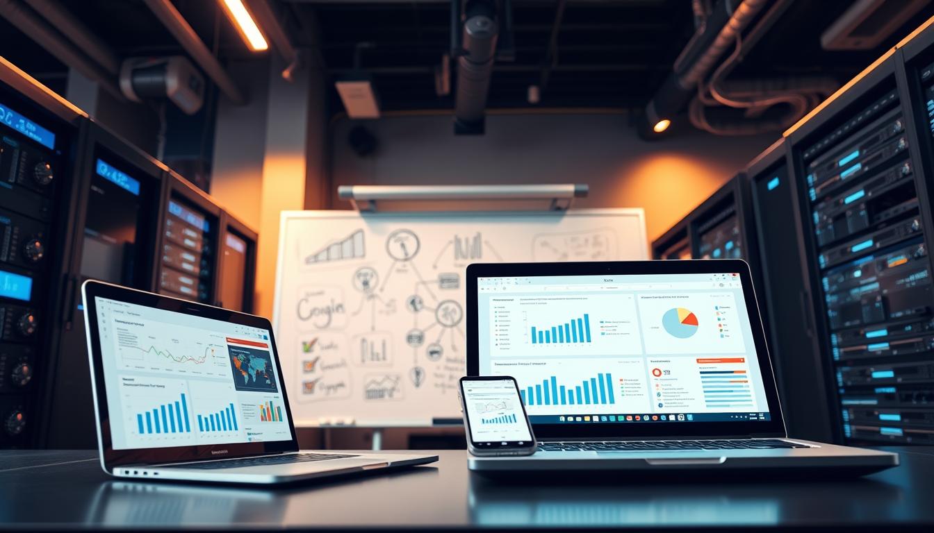 A sleek, modern office workspace showcasing a variety of digital marketing tools. In the foreground, a laptop and smartphone display analytics dashboards and social media platforms. The middle ground features a tactile whiteboard with hand-drawn diagrams and strategies. In the background, high-tech servers and networking equipment suggest the powerful infrastructure supporting these digital tools. Warm, directional lighting creates a professional, productive atmosphere. Captured with a wide-angle lens to emphasize the interconnected nature of these marketing solutions. digital marketing tools