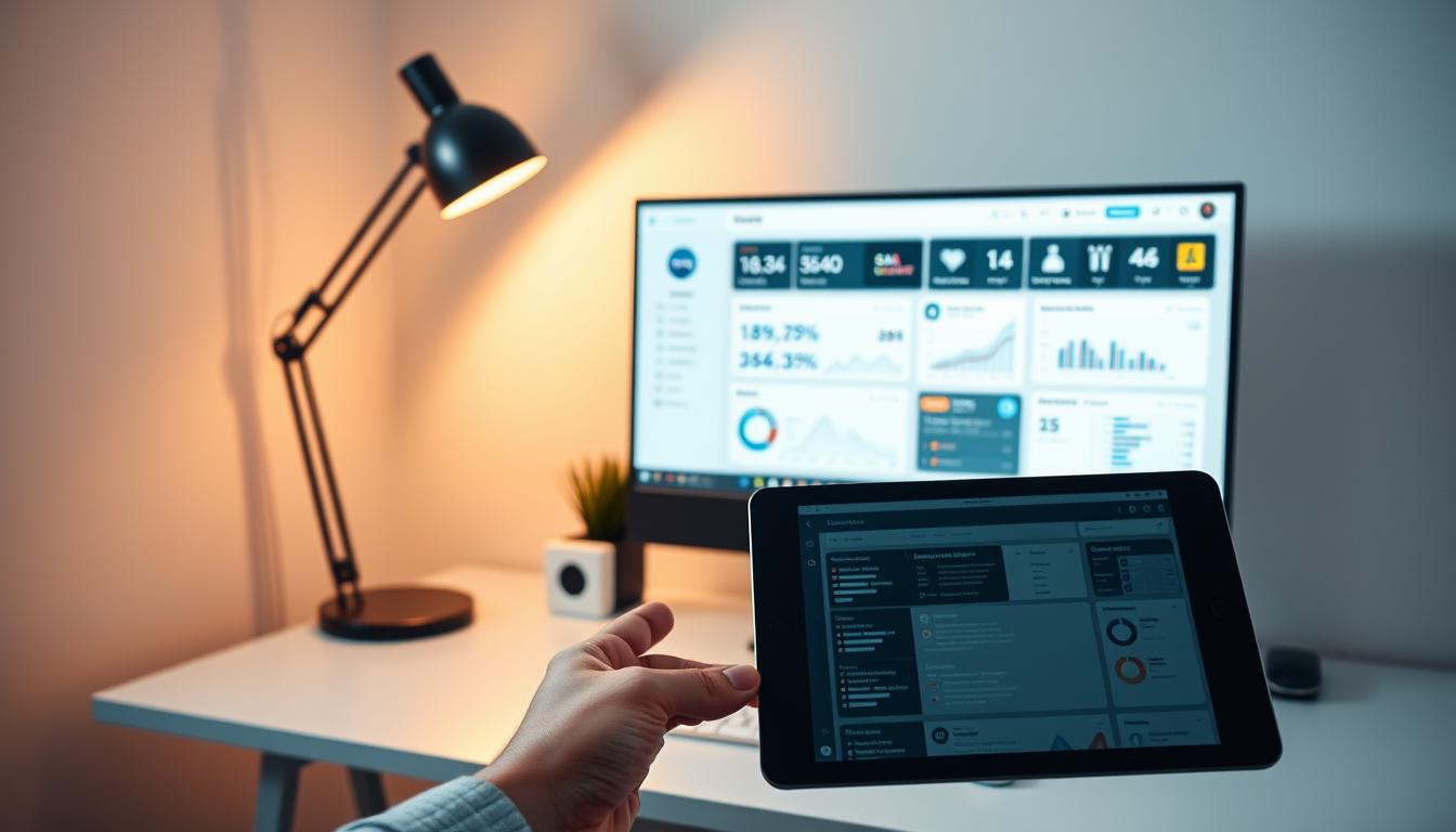 A sleek, modern office workspace with a desktop computer, a stylish lamp, and a tidy desk. The screen displays an intuitive SEO tool dashboard, showcasing key performance metrics and optimization insights. In the foreground, a hand holds a tablet, scrolling through various SEO reports and analytics. The room is bathed in warm, diffused lighting, creating a productive and efficient atmosphere. The overall scene conveys the idea of cost-effective access to powerful SEO tools, supporting the comparison of bulk licenses and group buys.