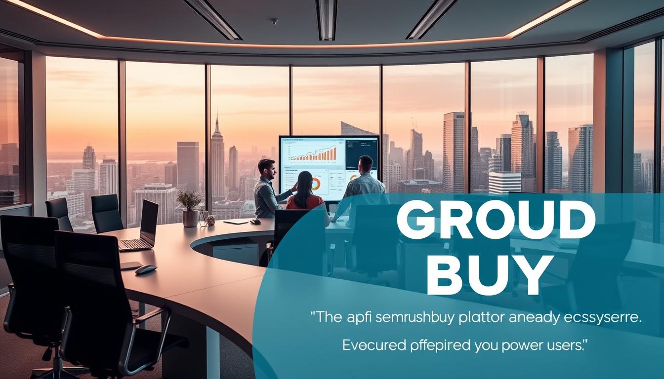 A sleek, modern office workspace with a large, curved desk and ergonomic chairs. In the center, a group of professionals collaborating on a digital display showcasing the SEMrush platform's analytics and insights. Soft, directional lighting creates a productive and collaborative atmosphere. The background features a large window overlooking a vibrant city skyline, symbolizing the expansive reach and impact of SEMrush's group buy offerings for agencies and power users. The image conveys a sense of efficiency, innovation, and the value of pooling resources to maximize the benefits of the SEMrush ecosystem.