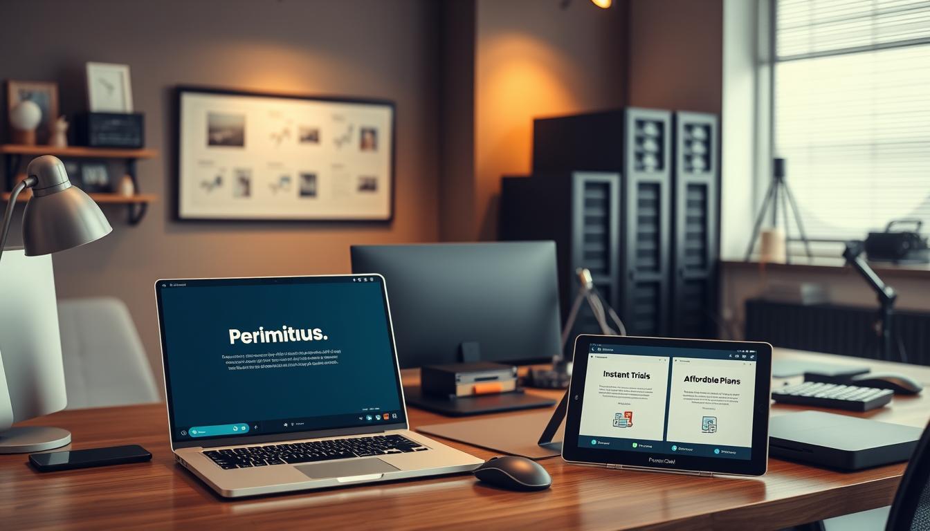 A sleek, modern office workspace with a large desk showcasing an array of premium software tools and devices. The scene is bathed in warm, diffused lighting, creating a cozy, inviting atmosphere. In the foreground, a laptop and tablet display "Instant Trials" and "Affordable Plans" for the software, emphasizing the easy access and flexibility offered. The middle ground features various productivity accessories, from a high-end mouse and keyboard to a stylish desk lamp, all complementing the minimalist, high-quality aesthetic. The background subtly hints at secure cloud connectivity, with subtle visual cues like network cables and server racks, conveying the reliable, enterprise-grade infrastructure supporting the premium tools.