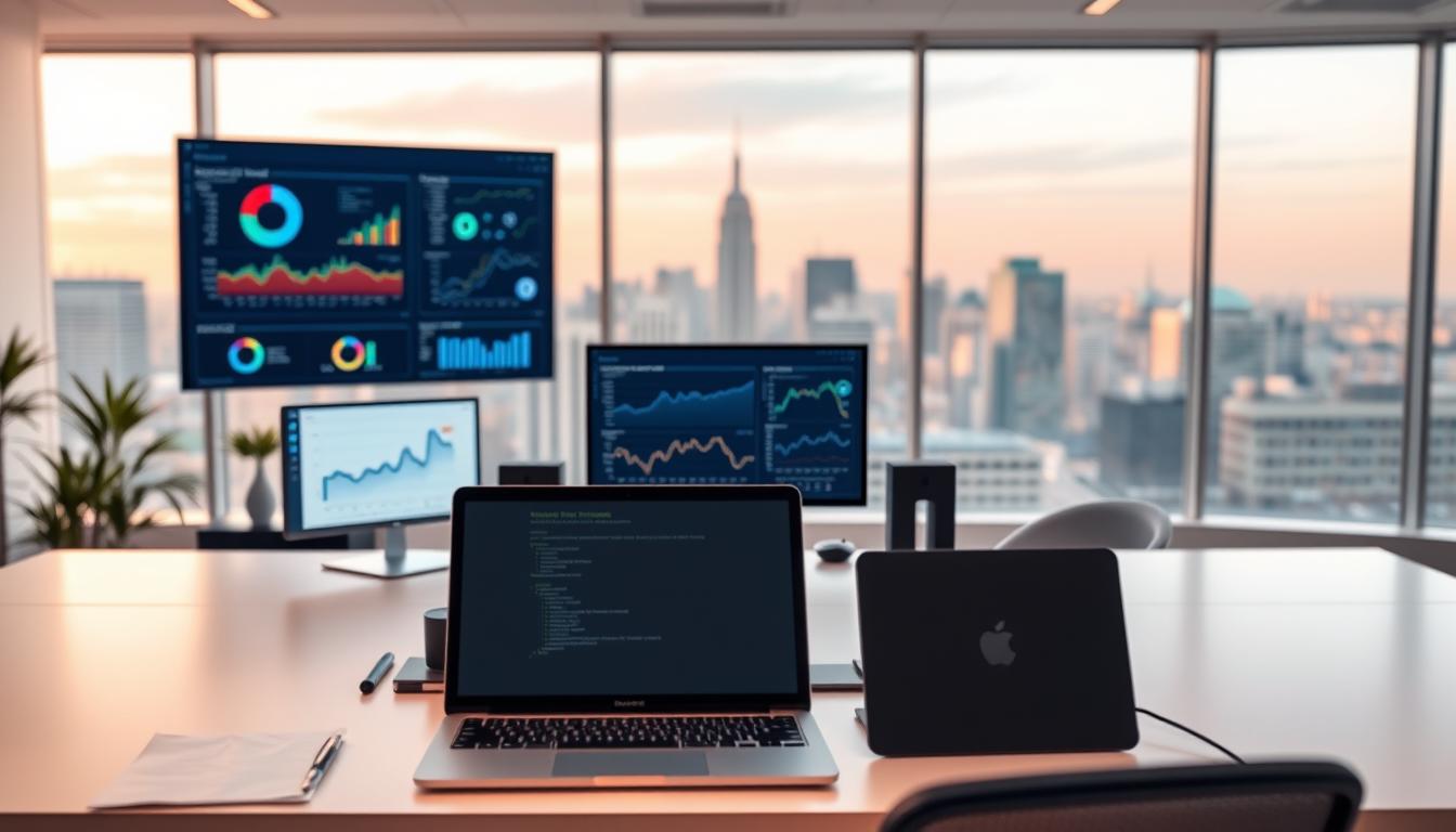 A sleek, modern office workspace with a minimalist aesthetic. In the foreground, a desk with a laptop, mouse, and a neatly organized array of local SEO tools and applications. The middle ground features an array of screens displaying analytics and metrics, highlighting the power of group buy strategies for small businesses. The background showcases a cityscape through large windows, emphasizing the local focus. Warm, indirect lighting creates a productive and collaborative atmosphere. Crisp, high-resolution rendering with a realistic depth of field. local seo group buy tools