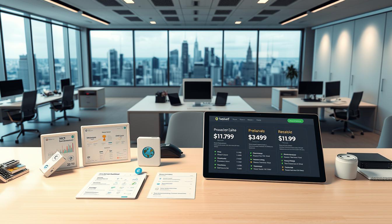 A sleek, modern office workspace with an expansive desk showcasing a range of professional-grade tools and software. The foreground features various high-quality SEO and digital marketing tools, their prices, and detailed specifications displayed on a stylish tablet interface. The middle ground depicts a well-lit, minimalist workspace with ergonomic furniture and state-of-the-art tech setups. The background showcases a panoramic city skyline, conveying a sense of innovation and connectivity. Soft, directional lighting accentuates the clean, sophisticated atmosphere. The image should convey a sense of cutting-edge technology, comprehensive tool options, and reliable 24/7 support. Alt-text: Toolsurf pricing and tools overview