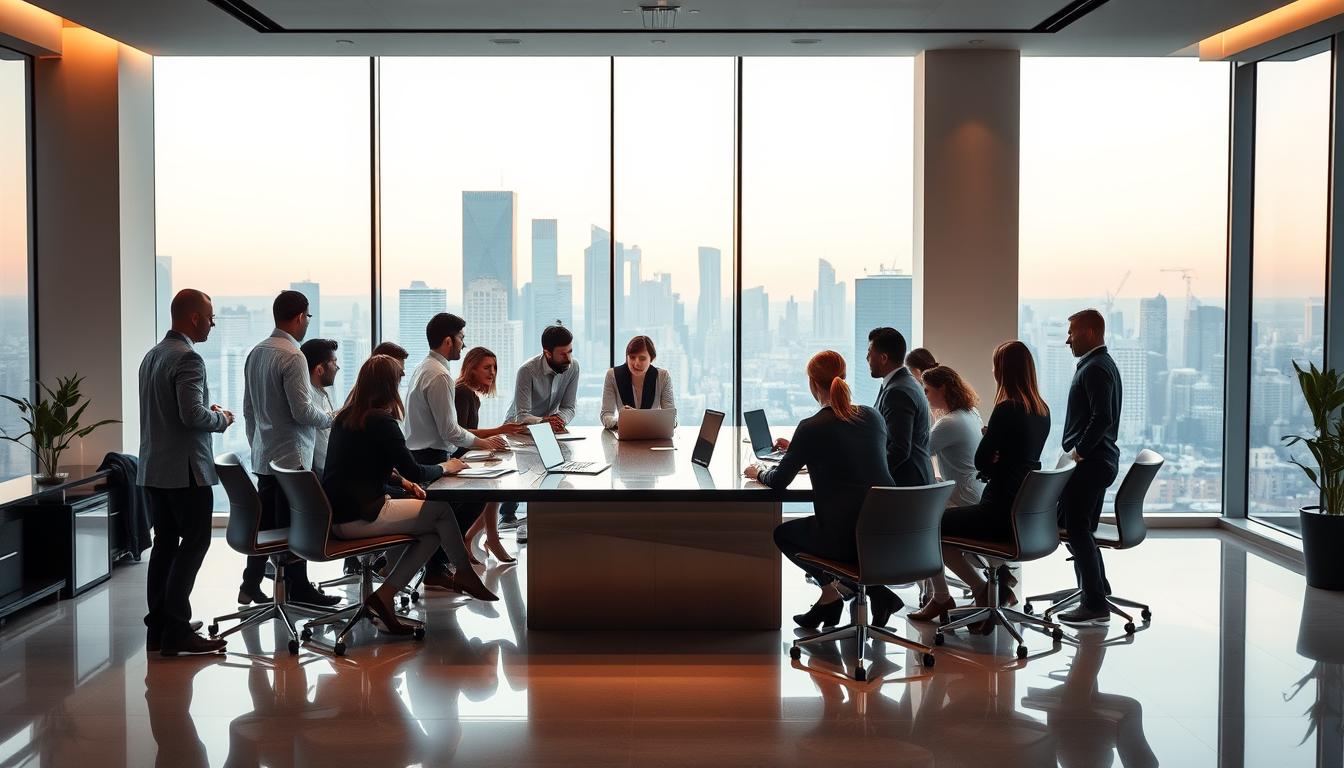 A sleek, modern office workspace with clean lines and minimalist decor. In the foreground, a group of professionals gathered around a large, polished conference table, engaged in a lively discussion about SEO strategies. The lighting is warm and ambient, casting a soft glow over the scene. In the background, a floor-to-ceiling window offers a panoramic view of a bustling city skyline, adding to the sense of professionalism and productivity. The overall atmosphere conveys the collaborative and forward-thinking nature of an SEO group buy.