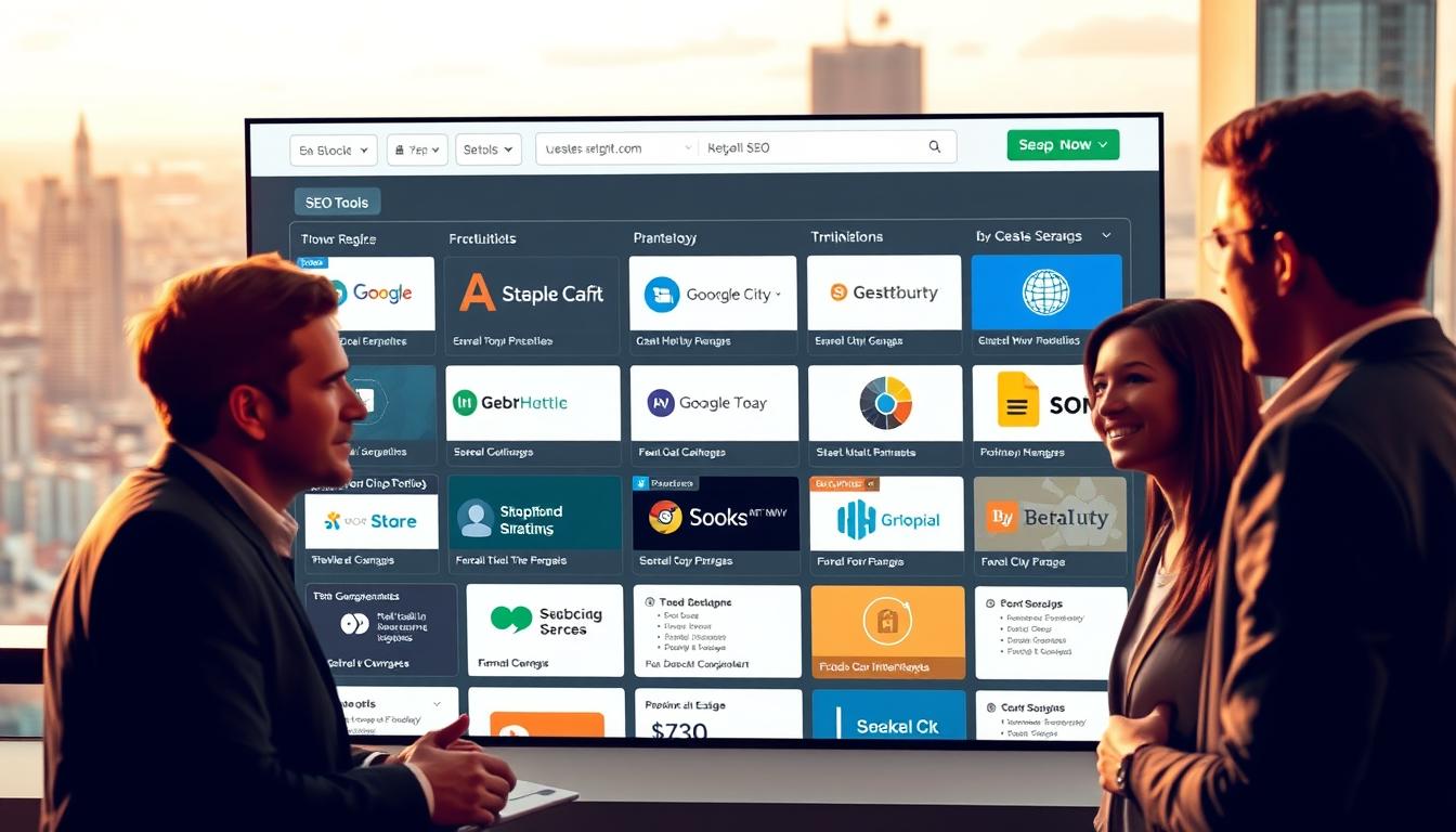 A sleek, modern platform interface showcasing an array of SEO tools, arranged in a clean grid layout. In the foreground, a group of professionals collaborating on strategies, their expressions animated as they discuss optimization tactics. The background depicts a cityscape, hinting at the global reach and scale of the group buy platform. Warm lighting casts a professional, productive atmosphere, with subtle shadows highlighting the intuitive design. The overall scene conveys the power and potential of leveraging a diverse suite of SEO tools through a seamless, user-friendly group buy experience.
