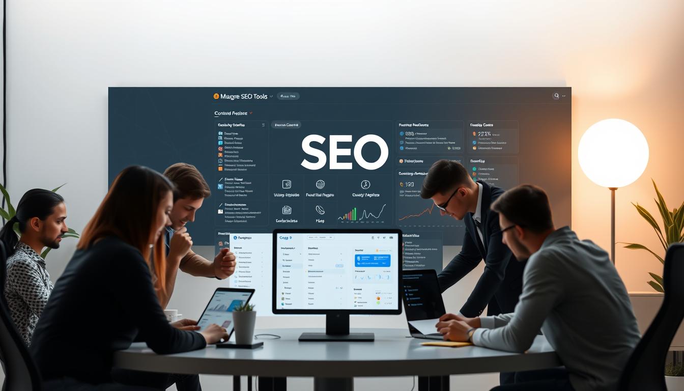 A sleek, modern platform with a clean, minimalist interface. A group of professionals collaborating on a range of SEO tools, with a centralized dashboard showcasing the various features and capabilities. Soft, diffused lighting illuminates the scene, creating a sense of sophistication and efficiency. The platform's logo prominently displayed, conveying a sense of authority and trust. The overall atmosphere is one of productivity, innovation, and a commitment to empowering digital marketers with a comprehensive suite of SEO tools.