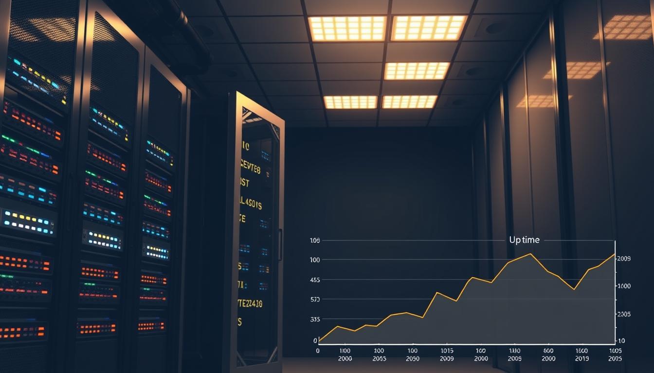 A sleek, modern server rack stands in a dimly lit data center, its array of blinking indicator lights casting a soft glow. Overhead, high-efficiency LED panels bathe the scene in a warm, diffused light, creating a sense of technological reliability. In the foreground, a detailed illustration of an uptime graph showcases consistent, uninterrupted performance, symbolizing the dependable nature of the infrastructure. The overall composition conveys a sense of power, stability, and unwavering commitment to optimal system operation.