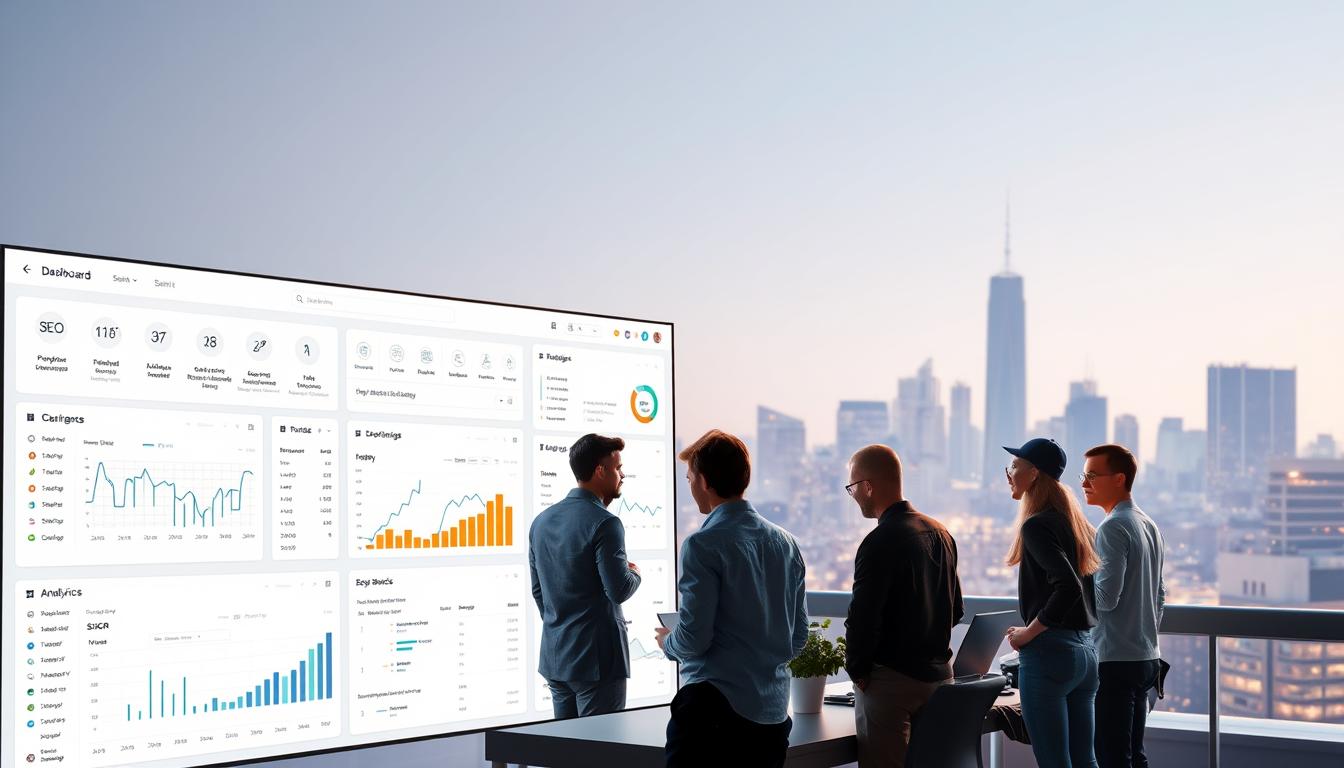 A sleek, modern software platform with a clean, minimalist interface showcasing various SEO tools and services. The foreground features a group of professionals collaborating on a project, using the intuitive dashboard and analytics tools. The middle ground displays detailed visualizations of website performance metrics and search engine rankings. In the background, a subtle city skyline with skyscrapers and a vibrant, energetic atmosphere. Crisp, high-contrast lighting illuminates the scene, creating a sense of professionalism and efficiency. The overall mood evokes a cutting-edge, industry-leading group buy platform for essential SEO tools.