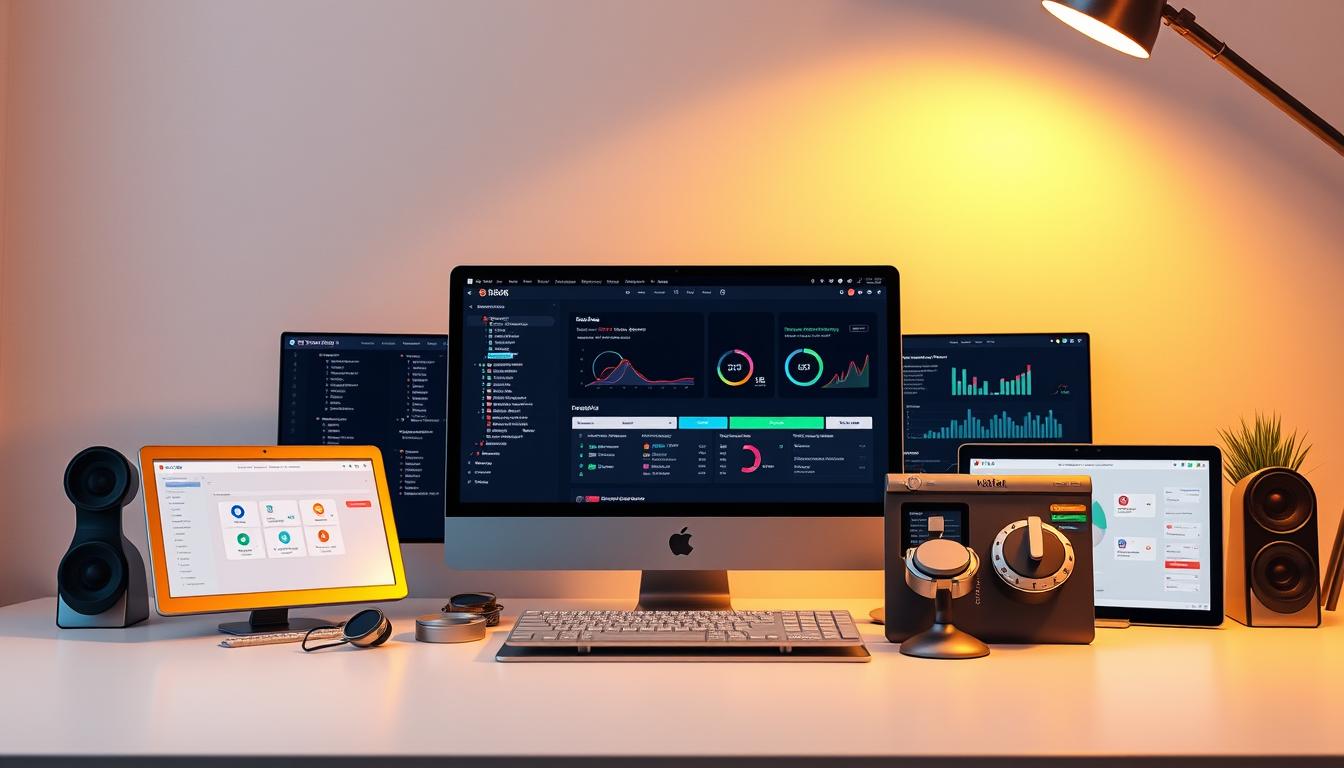 A sleek, modern suite of premium SEO tools, arranged on a minimalist desk against a soft, blurred background. The tools are depicted in sharp focus, their metallic and matte finishes reflecting the warm, directional lighting from above. The composition emphasizes the comprehensive nature of the suite, with various tools and interfaces visible, suggesting a powerful and integrated set of solutions for optimizing online presence. The overall mood is one of efficiency, professionalism, and the promise of enhanced digital performance. "premium seo tool suite"