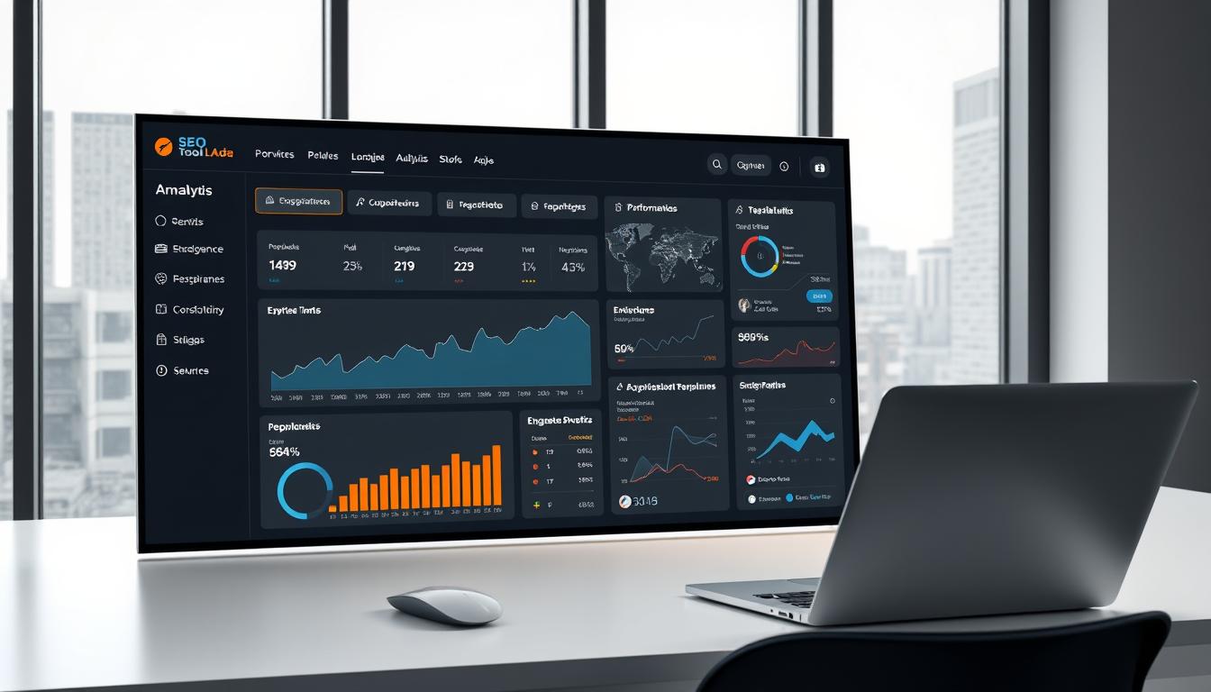 A sleek, modern web interface showcasing the comprehensive analytics dashboard of the SEO Tool Adda platform. The foreground features a large, high-resolution display of the platform's main dashboard, complete with various data visualizations, performance metrics, and intuitive user controls. The middle ground depicts a minimalist, elegant workspace setting, with a laptop, mouse, and other office accessories neatly arranged. The background presents a minimalist, monochromatic cityscape through large windows, creating a sense of urban sophistication. The lighting is soft and diffused, highlighting the clean, professional aesthetics of the scene. The overall mood is one of efficiency, productivity, and analytical prowess. Alt-text: SEO Tool Adda platform analysis