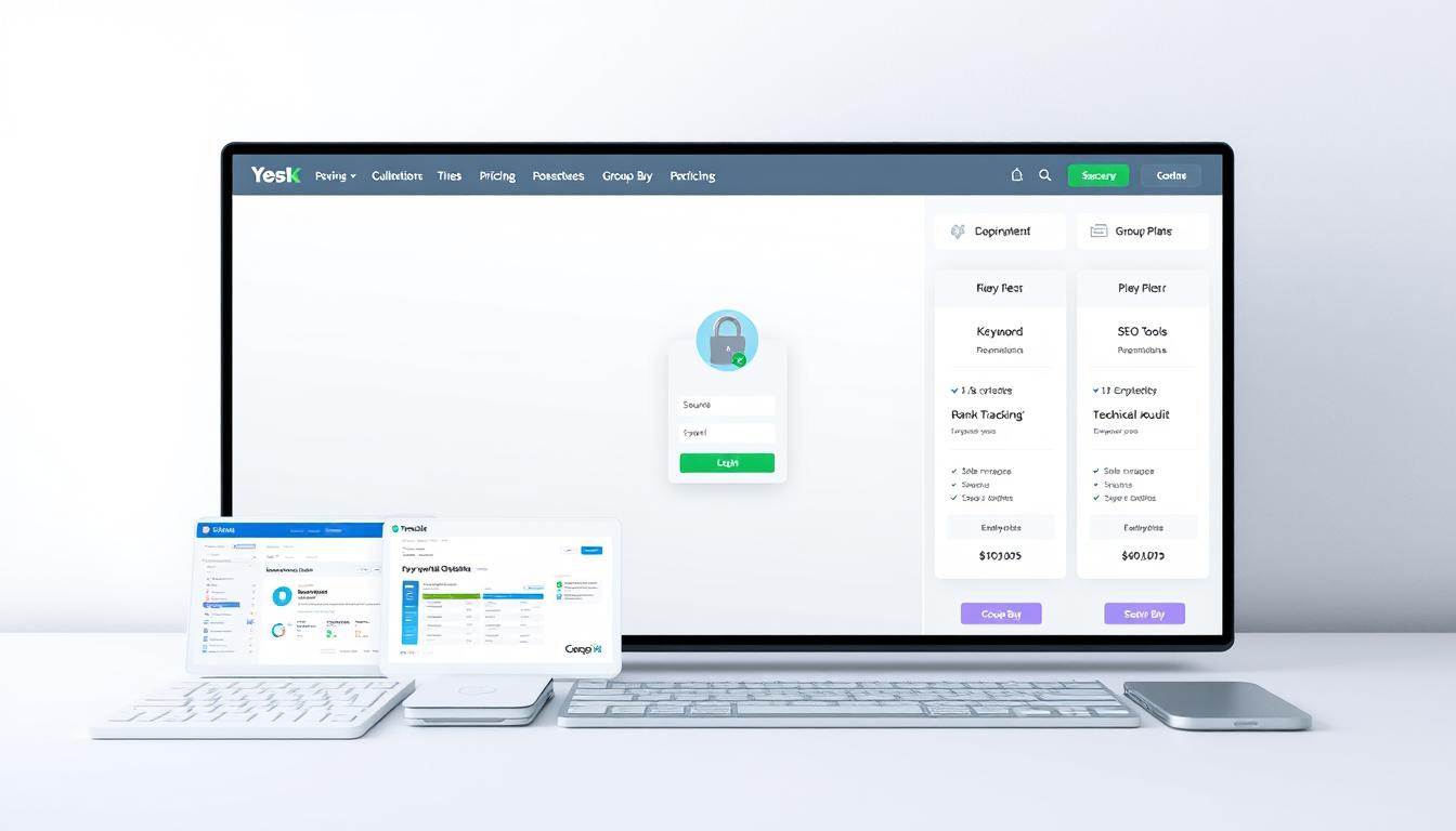 A sleek, modern web platform with a clean, professional design. The foreground features a group of SEO tools neatly arranged, including keyword research, rank tracking, and technical audit utilities. The middle ground showcases a secure login screen with encrypted data transmission, signifying the platform's robust security measures. In the background, a seamless grid layout displays various subscription plans and pricing options, highlighting the group buy accessibility. Soft, directional lighting illuminates the scene, creating a sense of trust and reliability. The overall atmosphere conveys a secure, user-friendly experience for managing essential SEO tools in a cost-effective manner. seo tools group buy platform security