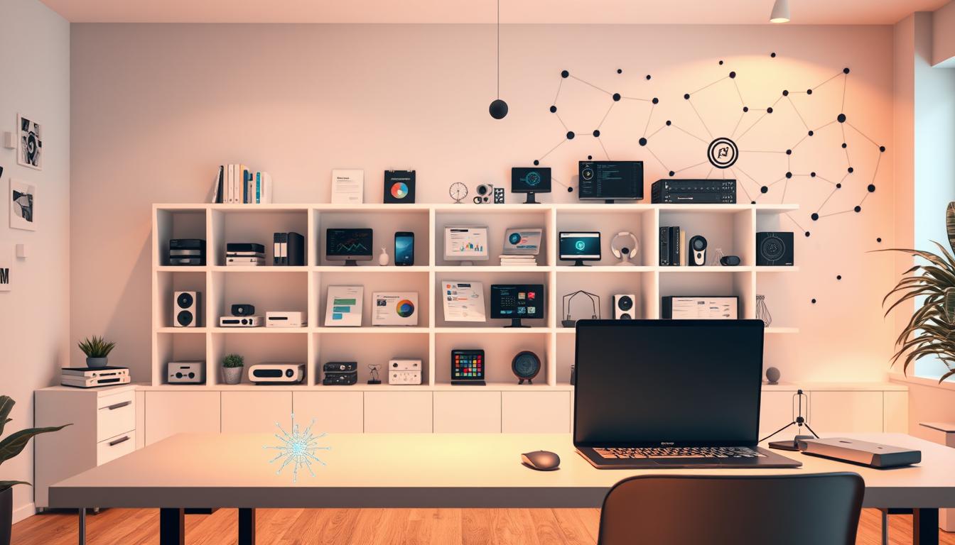 A sleek, modern workspace filled with a variety of AI and SEO tools, neatly organized into distinct categories. In the foreground, a minimalist desk with a laptop, mouse, and a stylized icon representing the core SEO and AI tools. The middle ground showcases a clean, white shelving unit displaying various software packages, hardware devices, and analytical dashboards. The background features a large, abstract mural depicting the interconnected nature of these digital tools, with subtle gradients and geometric shapes. Warm, directional lighting illuminates the scene, creating a sense of professionalism and innovation. The overall atmosphere evokes a balance of efficiency, technology, and a user-centric approach to digital marketing and automation. alt-text: "SEO and AI tools categories"