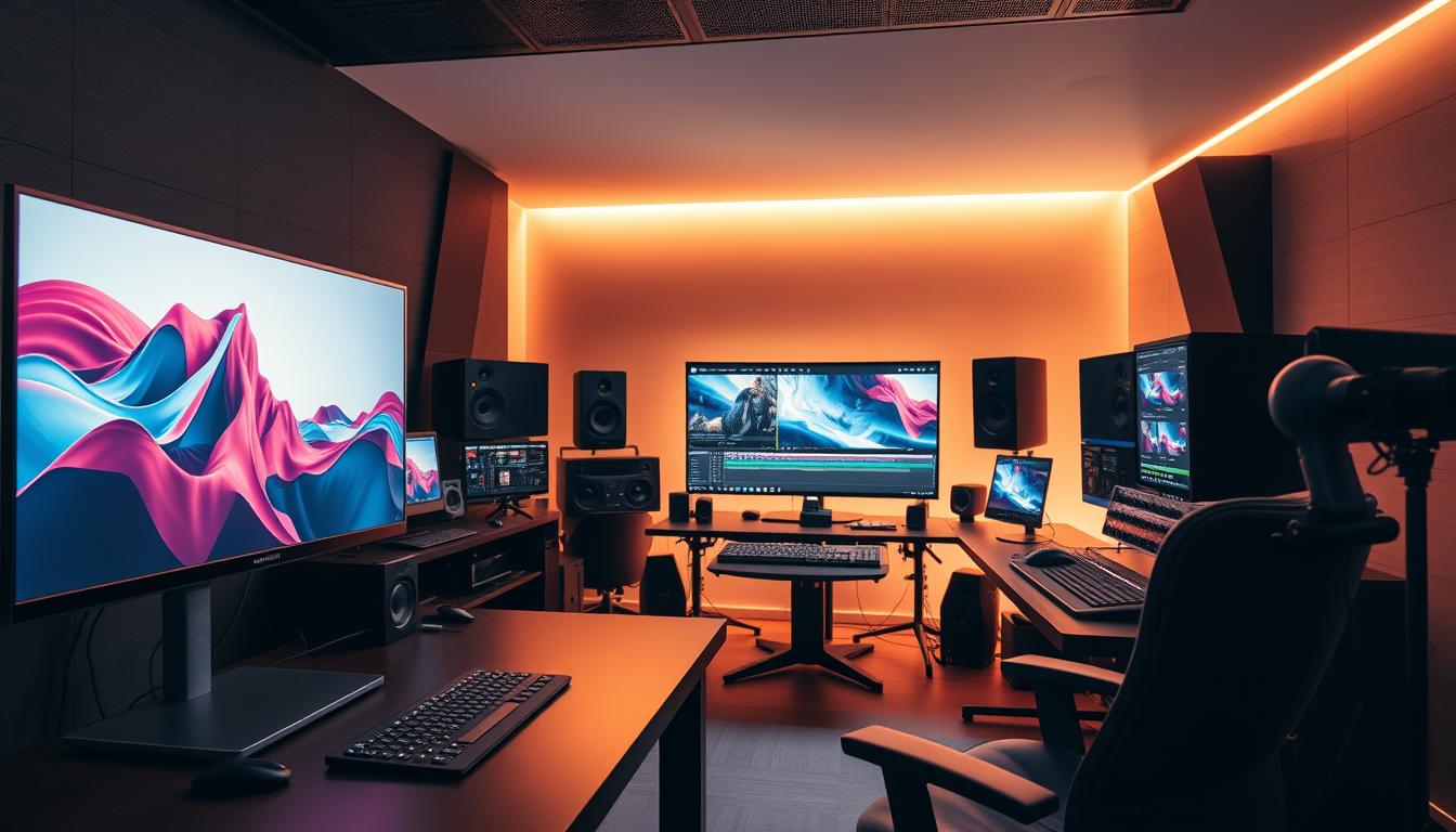 A sleek, modern workspace filled with an array of AI-powered multimedia creation tools. In the foreground, a high-resolution display showcases vibrant digital art, while a sophisticated audio workstation sits nearby, ready to craft immersive soundscapes. In the middle ground, a state-of-the-art video editing suite allows for seamless manipulation of footage, with advanced color grading and special effects. The background features a subtle gradient, lending an air of technological sophistication to the scene. Warm, directional lighting illuminates the workspace, creating a sense of focus and productivity. This comprehensive setup embodies the future of AI-driven multimedia creation.