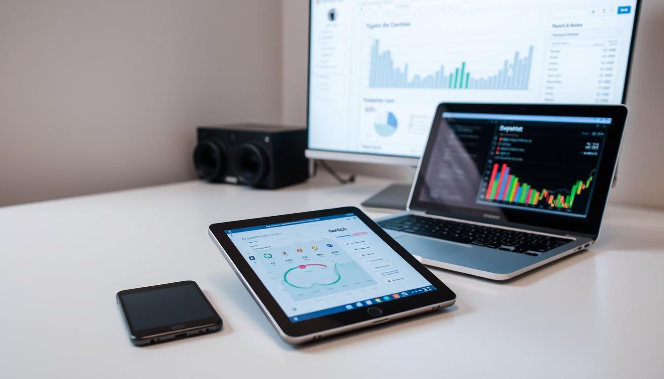 A sleek, modern workspace with a laptop, tablet, and smartphone placed on a minimalist desk. Soft, diffused lighting illuminates the scene, creating a professional yet inviting atmosphere. The devices showcase various productivity and collaboration apps, highlighting the accessible and versatile nature of the Serpstat platform. In the background, a large monitor displays a clean, user-friendly interface, showcasing the intuitive access features of the Serpstat software. The overall composition conveys the ease of using Serpstat through the Toolsurf platform, emphasizing the affordability and convenience of this comprehensive digital marketing solution.