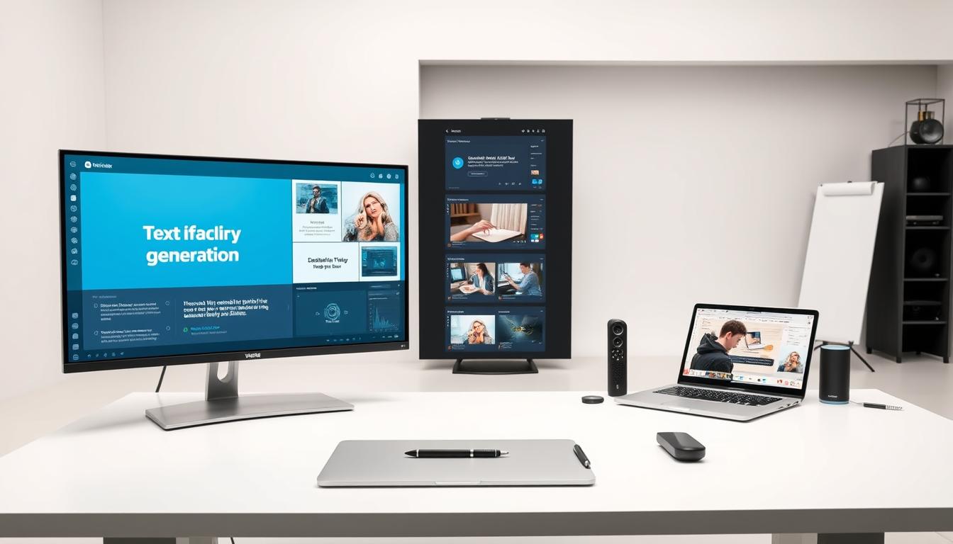 A sleek, modern workspace with an array of AI-powered content creation tools on display. In the foreground, a high-resolution display showcases various text generation, image editing, and video production interfaces. The middle ground features a minimalist desk with a state-of-the-art laptop, stylus, and a collection of smart devices. The background is a minimalist, well-lit studio setting with clean lines and neutral tones, creating a professional, technology-driven atmosphere. The overall scene conveys the seamless integration of AI-powered tools in the content creation workflow, inspiring creativity and productivity.
