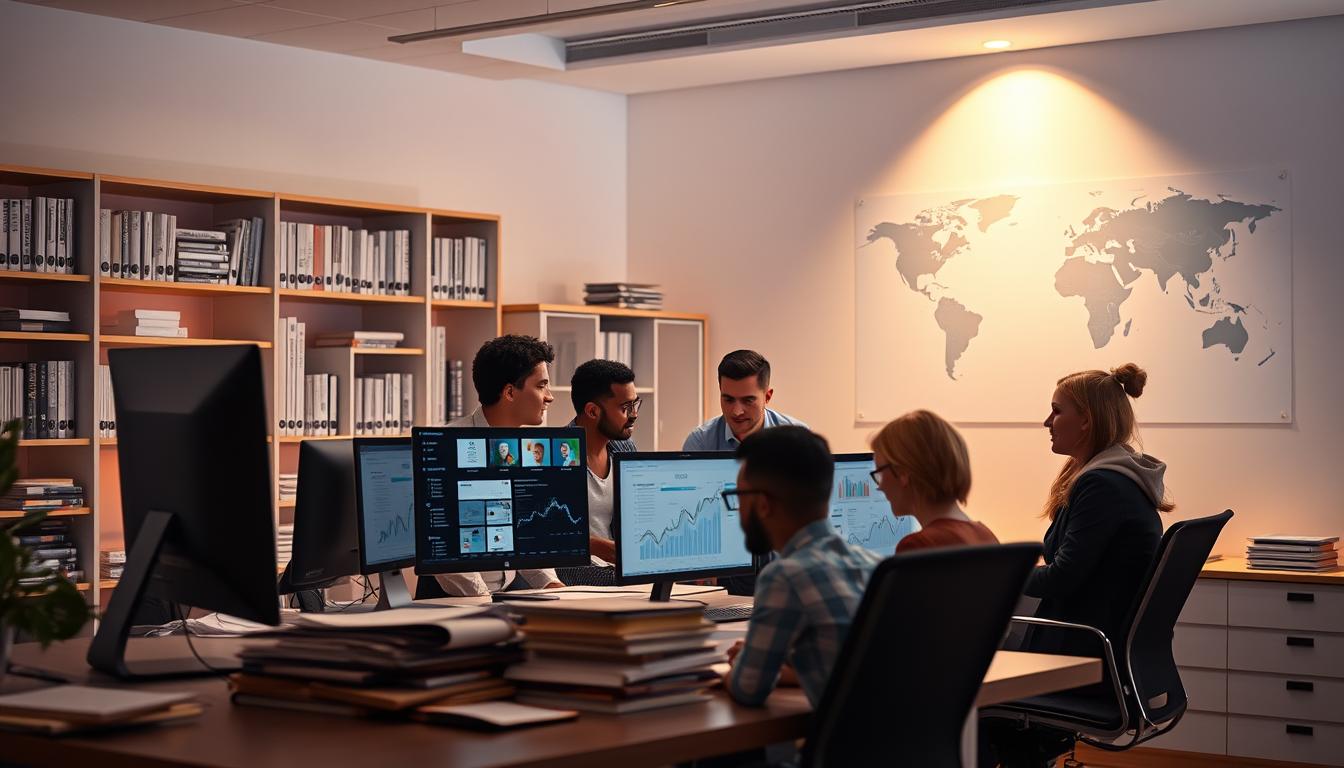 A sleek office workspace with a desktop computer, a stack of financial reports, and various SEO analytics tools arranged neatly. Warm, directional lighting casts a professional glow, while a minimalist aesthetic pervades the scene. In the foreground, a group of diverse colleagues collaboratively review search engine optimization metrics on their screens, their expressions focused and engaged. In the background, a bookshelf filled with industry publications and a stylized world map hint at the global scope of their digital marketing efforts. The overall atmosphere conveys a sense of efficiency, collaboration, and cost-effective optimization.