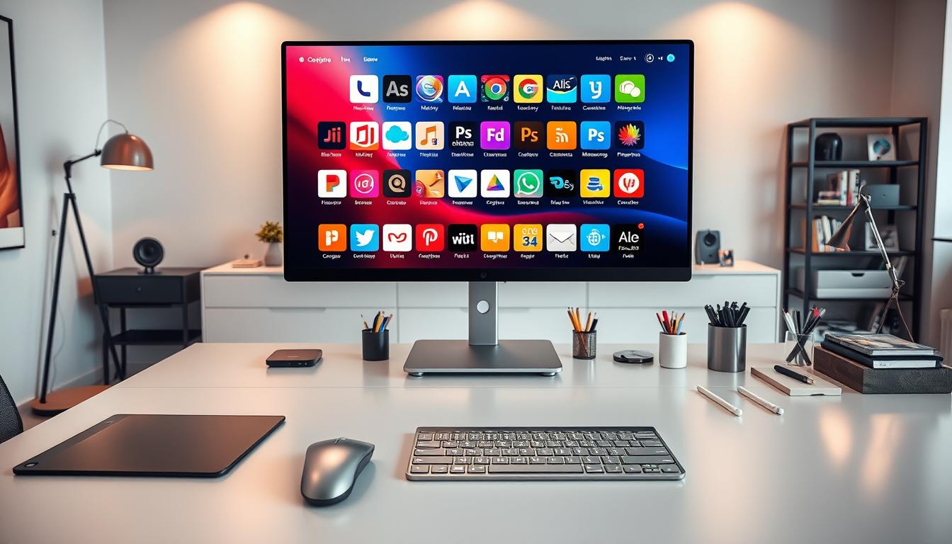 A sleek, premium-looking workspace with a large screen displaying an array of creative software icons. The foreground features a high-end desk with a minimal, modern aesthetic and a sophisticated, silver-accented mouse and keyboard. The middle ground showcases a range of creative tools, including a graphics tablet, a stylish lamp, and a well-organized array of stationery. The background depicts a sophisticated, minimalist office environment with clean lines, neutral tones, and warm lighting, suggesting an atmosphere of productivity and elevated creative expression.