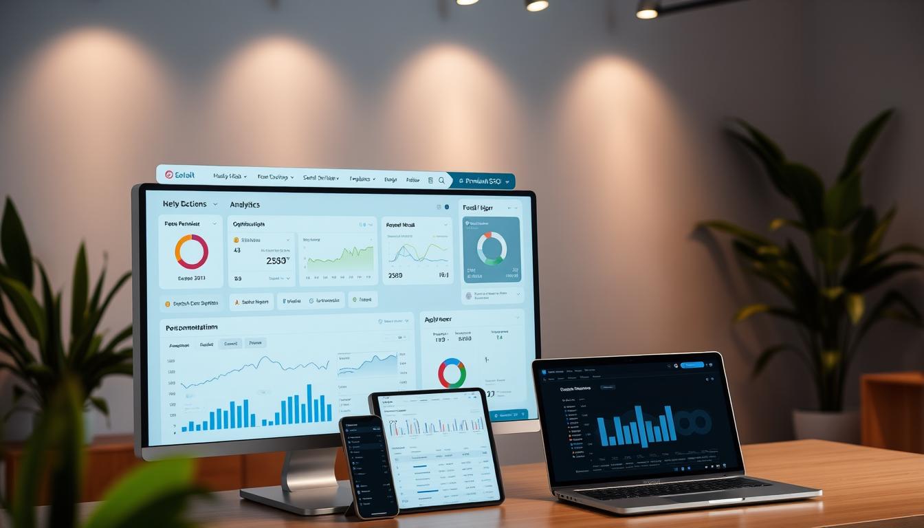 A sleek, professional dashboard displaying various premium SEO tools and analytics. The foreground features a large monitor with a clean, minimalist interface showcasing key metrics, performance data, and optimization recommendations. In the middle ground, a laptop and mobile device showcase cross-device synchronization and responsive design. The background evokes a modern, tech-savvy workspace with subtle lighting, neutral tones, and hints of greenery for a touch of nature. The overall mood is one of efficiency, productivity, and a sophisticated approach to search engine optimization.